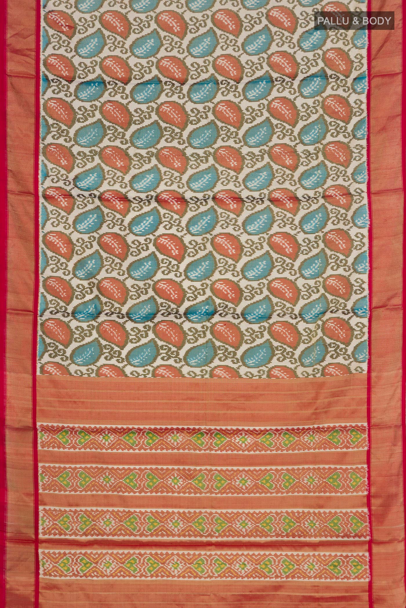 Flat view of Off White Pochampally Silk Saree with Ikat Print on the body and Zari Border. 