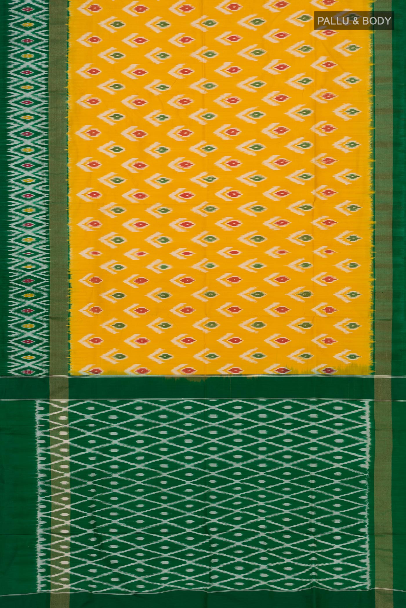 Flat view of Yellow Pochampally Silk Saree with Ikat Print on the body and Ikat Border. 