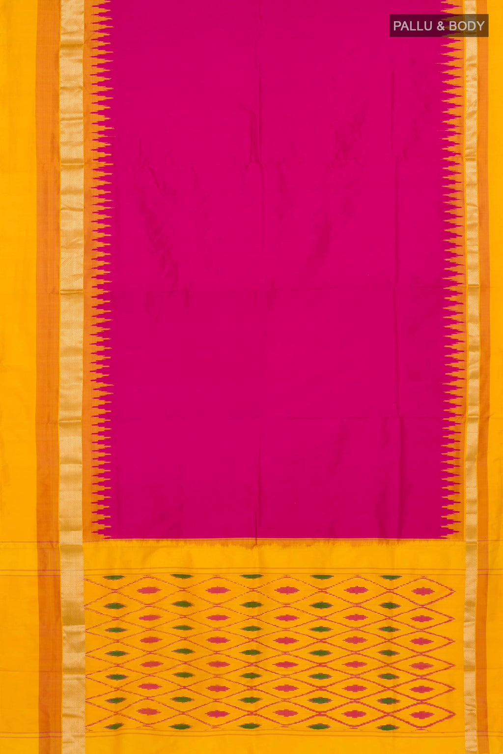 Flat view of Pink Pochampally Silk Saree with Plain Body and Zari Border. 