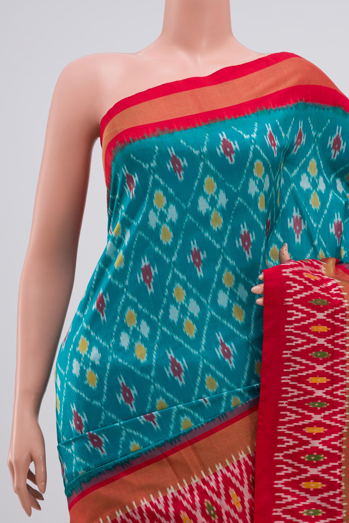 Border image of Sky Blue Pochampally Silk Saree with Ikat Print on the body and Ikat Border. 