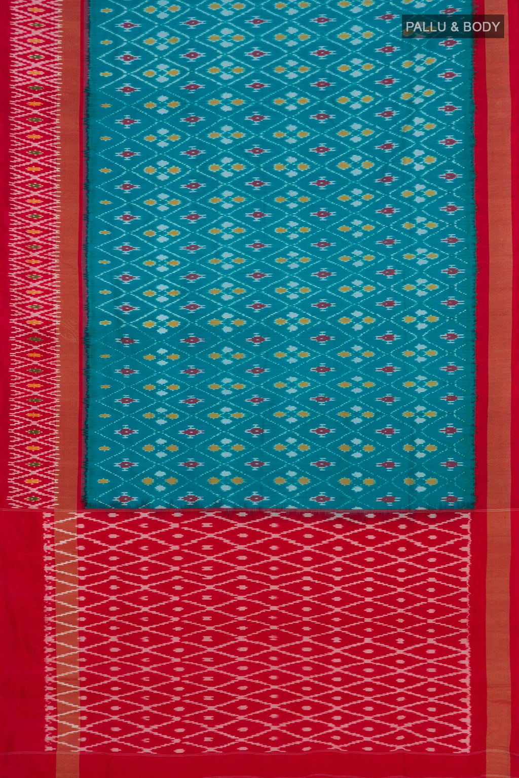Flat view of Sky Blue Pochampally Silk Saree with Ikat Print on the body and Ikat Border. 