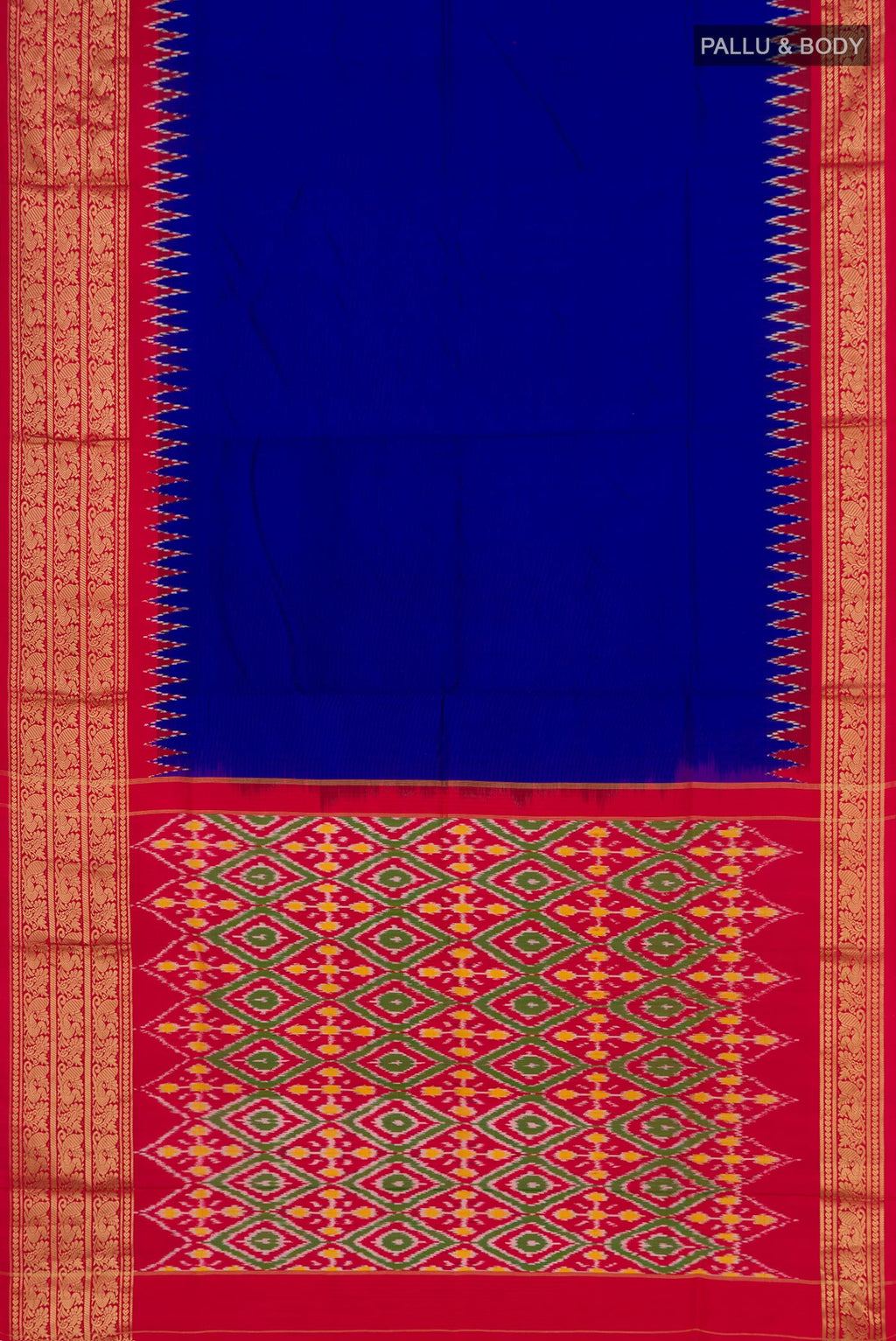Flat view of Blue Pochampally Silk Saree with Plain Body and Zari Border. 