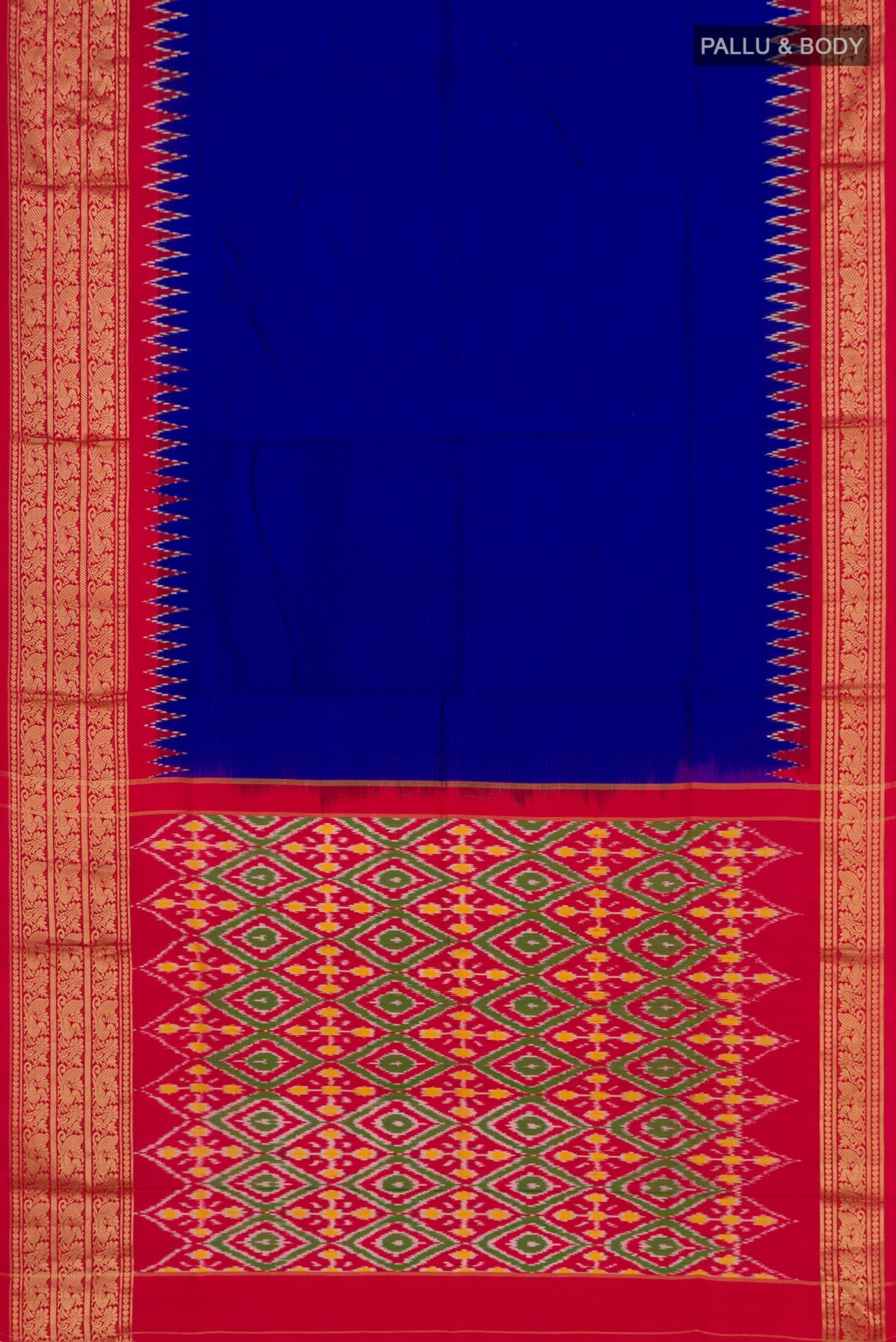 Flat view of Blue Pochampally Silk Saree with Plain Body and Zari Border. 