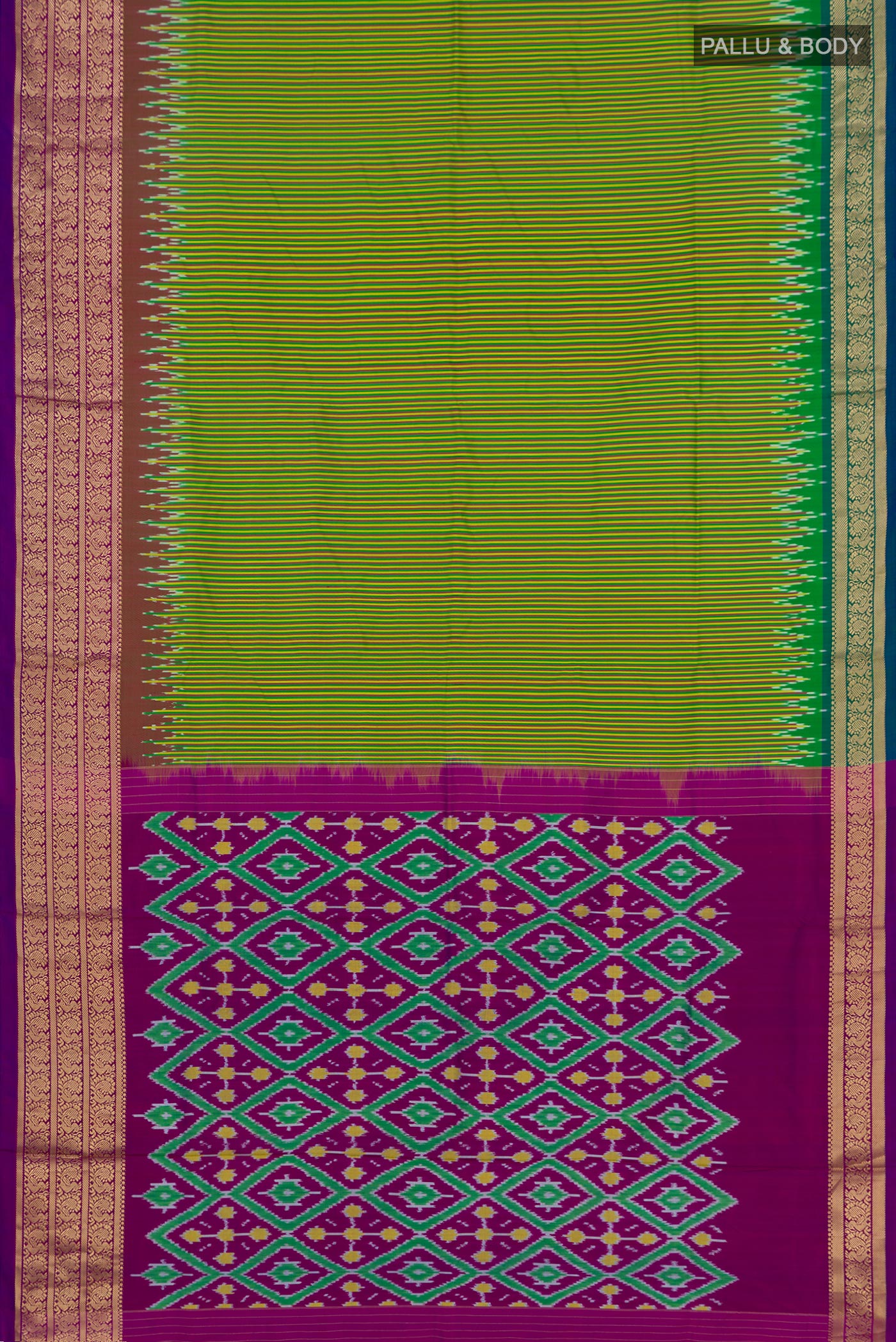 Flat view of Green Pochampally Silk Saree with Stripes on the body and Zari Border. 