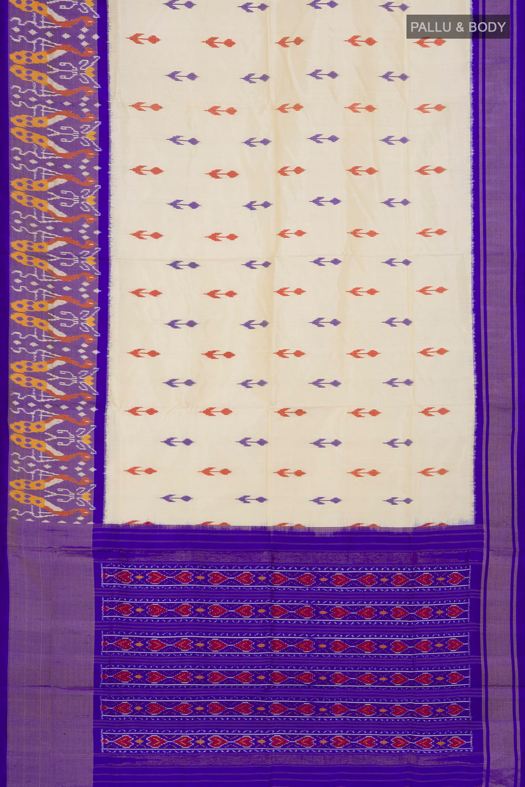 Flat view of Cream Pochampally Silk Saree with Ikat Print on the body and Ikat Border. 