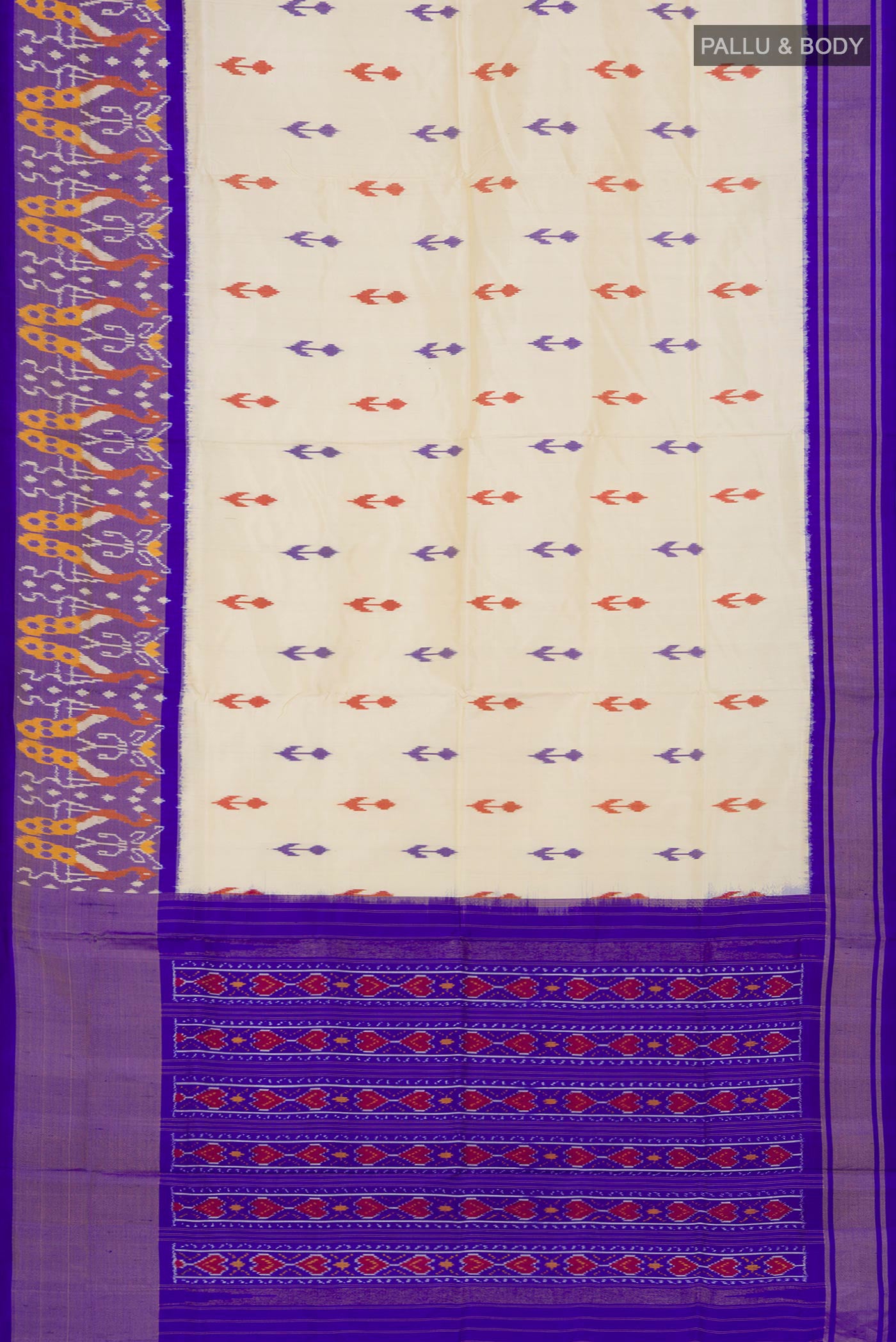Flat view of Cream Pochampally Silk Saree with Ikat Print on the body and Ikat Border. 