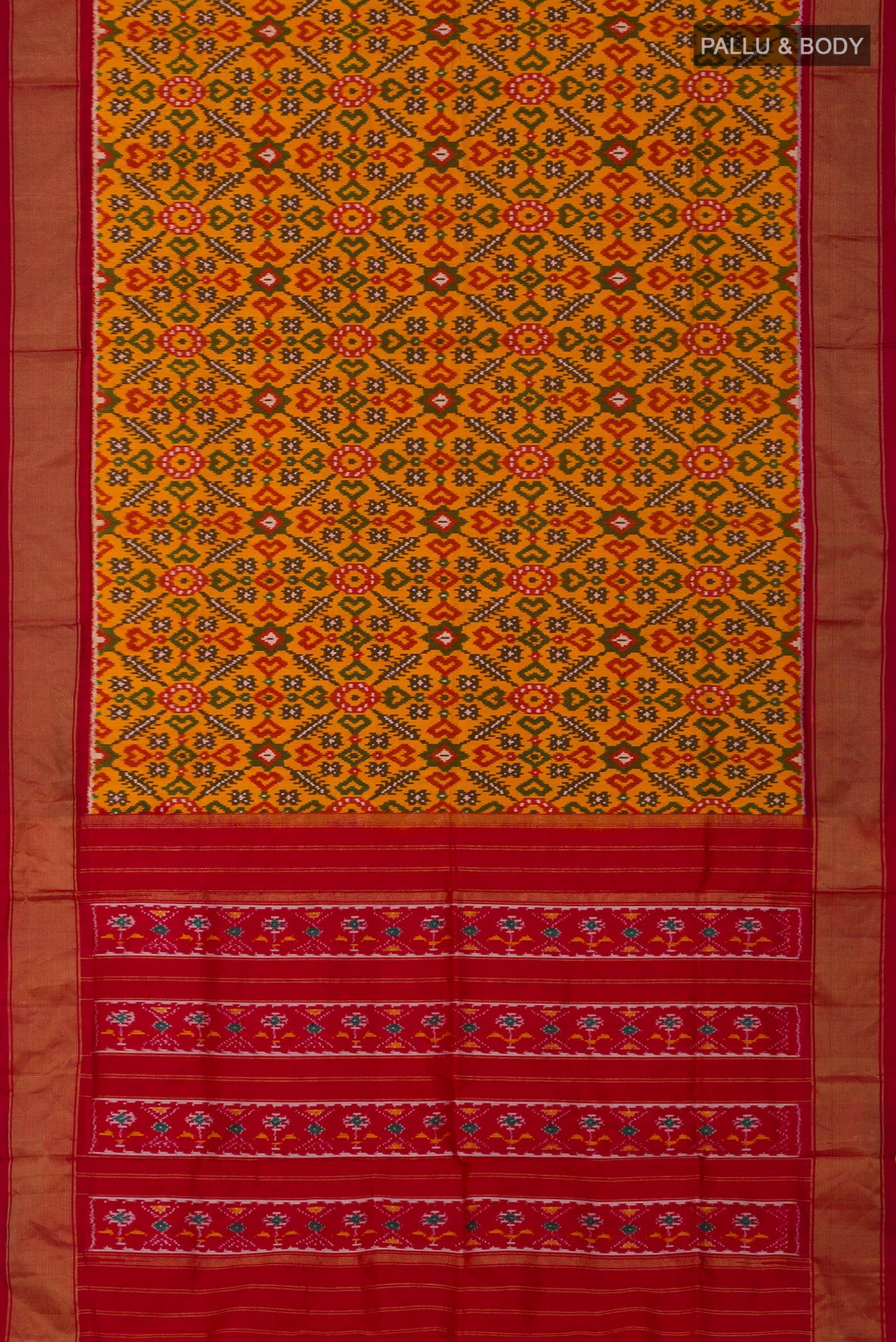 Flat view of Yellow Pochampally Silk Saree with Ikat design on the body and Zari Border. 