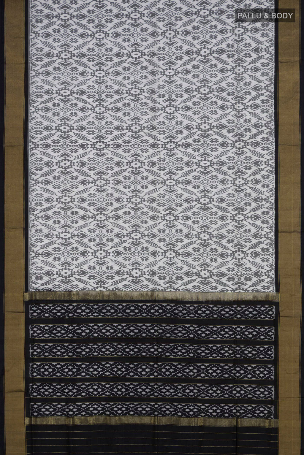 Flat view of White Pochampally Silk Saree with Ikat Print on the body and Zari Border. 