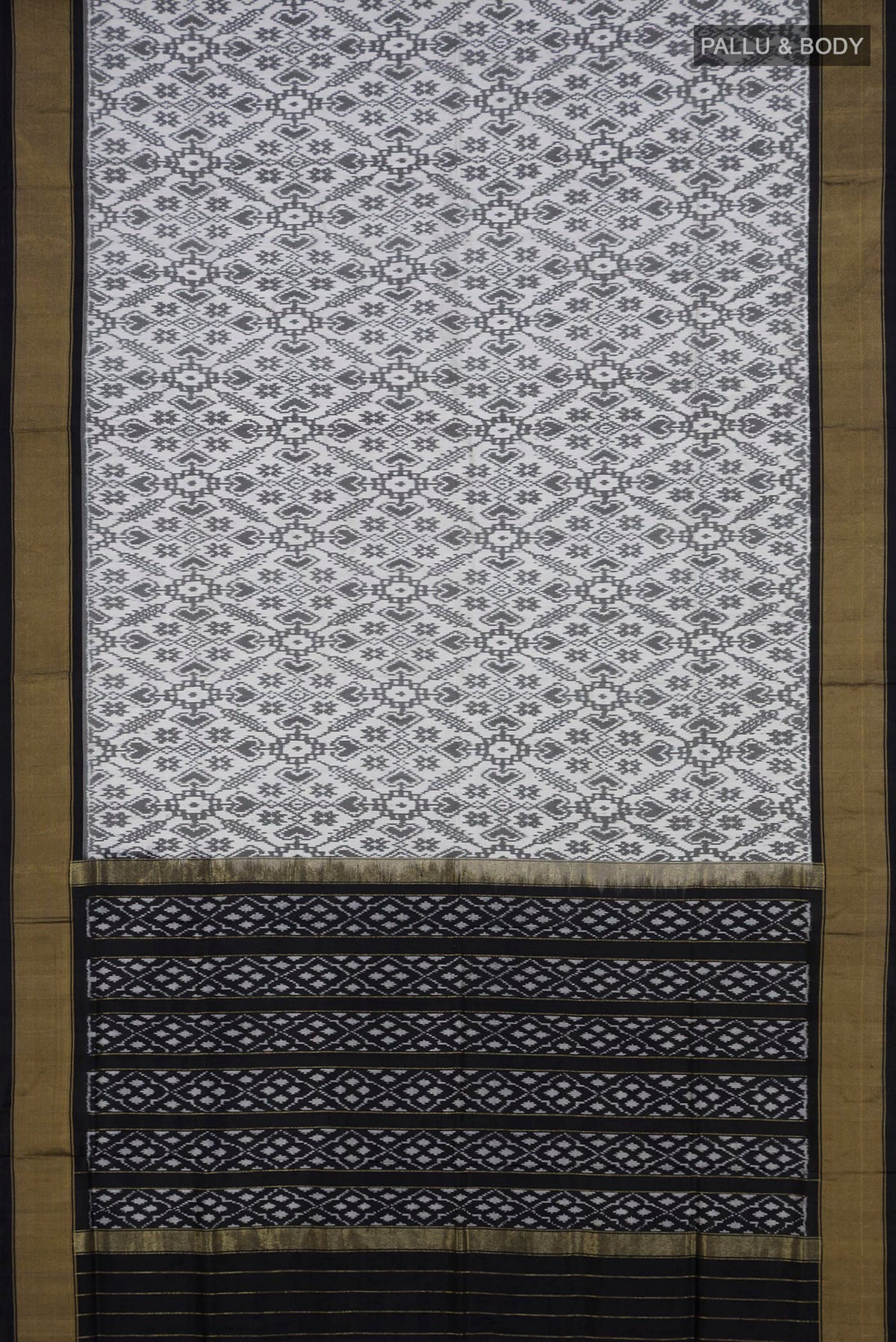 Flat view of White Pochampally Silk Saree with Ikat Print on the body and Zari Border. 