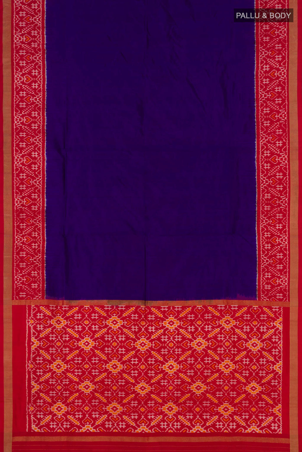 Flat view of Blue Pochampally Silk Saree with Plain Body and Ikat Border. 