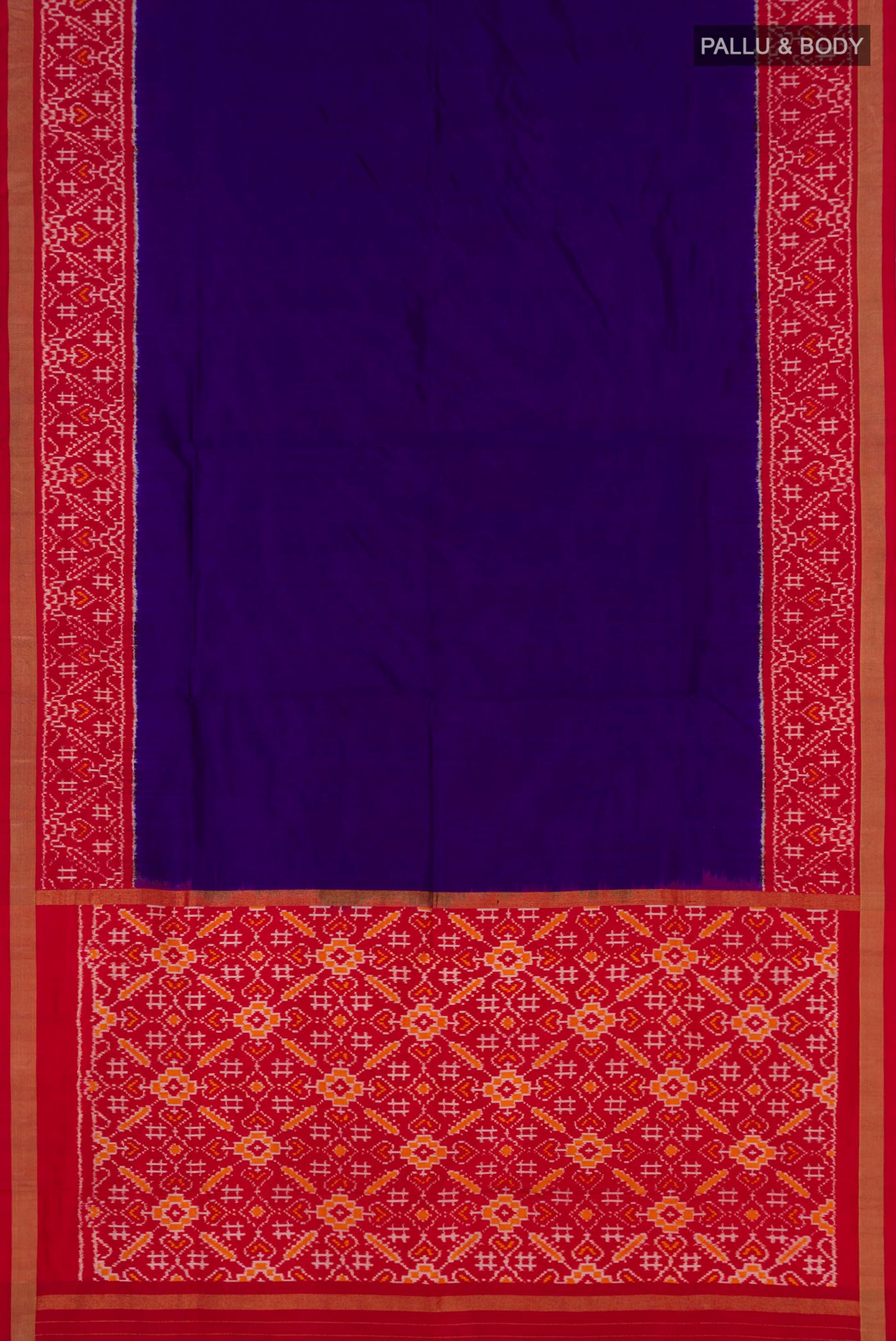 Flat view of Blue Pochampally Silk Saree with Plain Body and Ikat Border. 