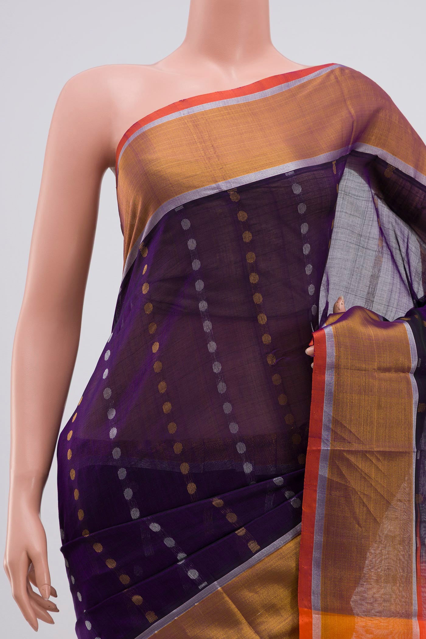 Border image of Blue Coimbatore Silk Cotton Saree with Zari Butta on the body and Zari Border. 