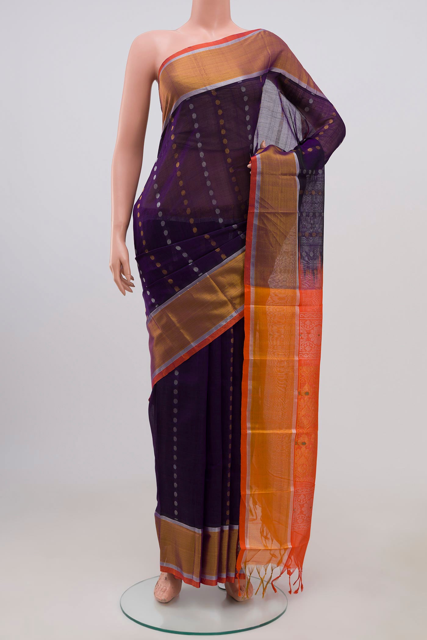 Blue Coimbatore Silk Cotton Saree with Zari Butta on the body and Zari Border.  displayed on a mannequin