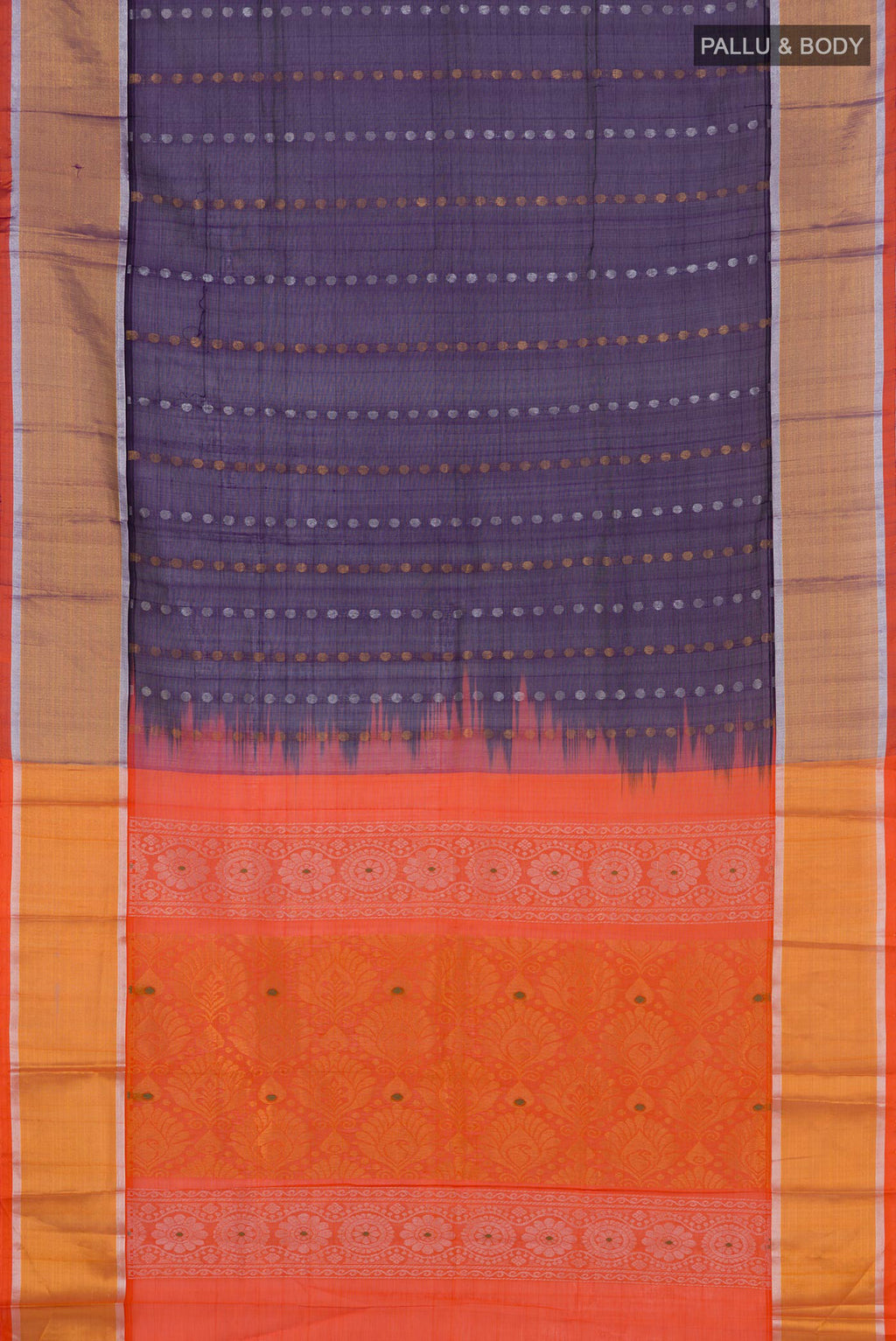 Flat view of Blue Coimbatore Silk Cotton Saree with Zari Butta on the body and Zari Border. 