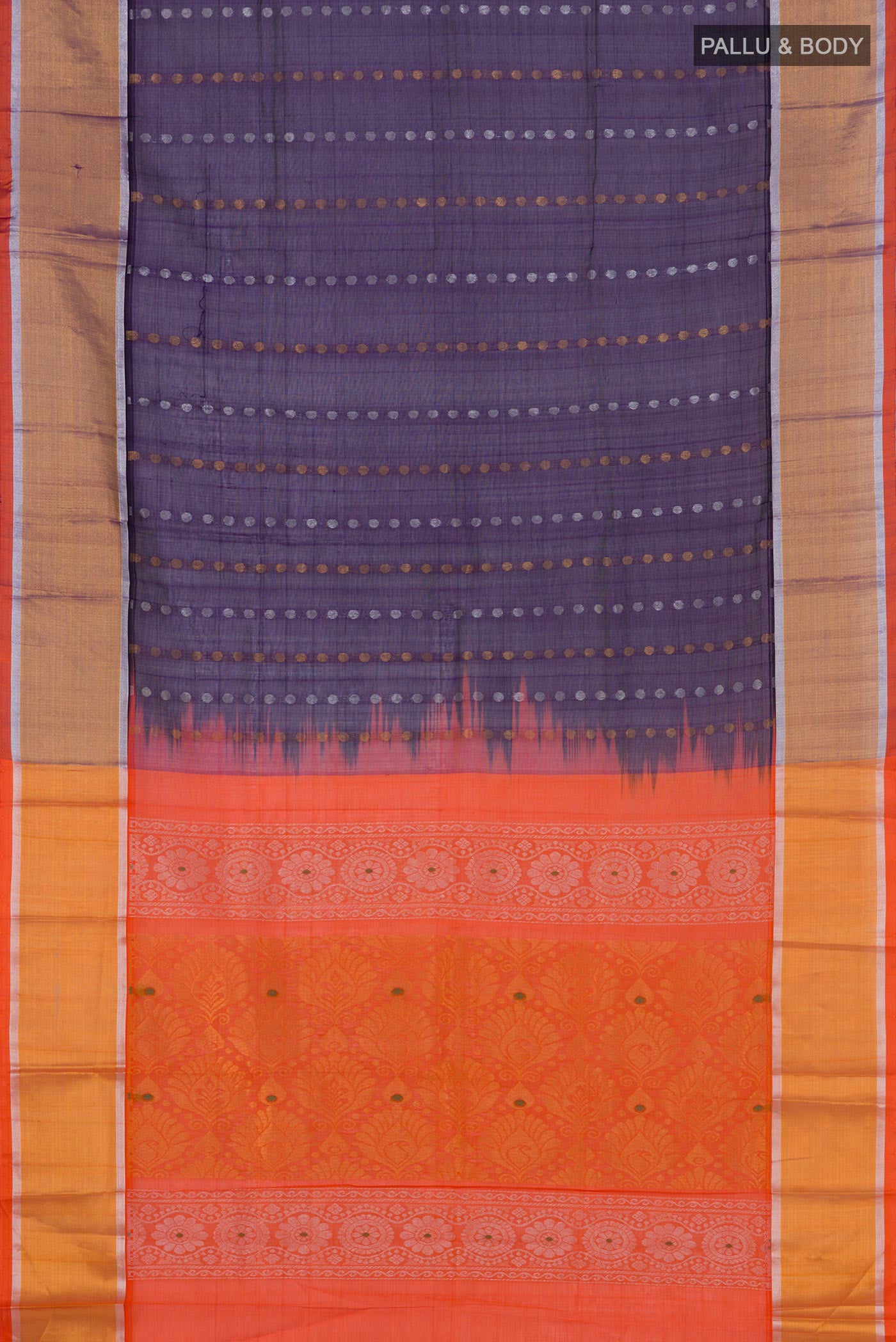 Flat view of Blue Coimbatore Silk Cotton Saree with Zari Butta on the body and Zari Border. 