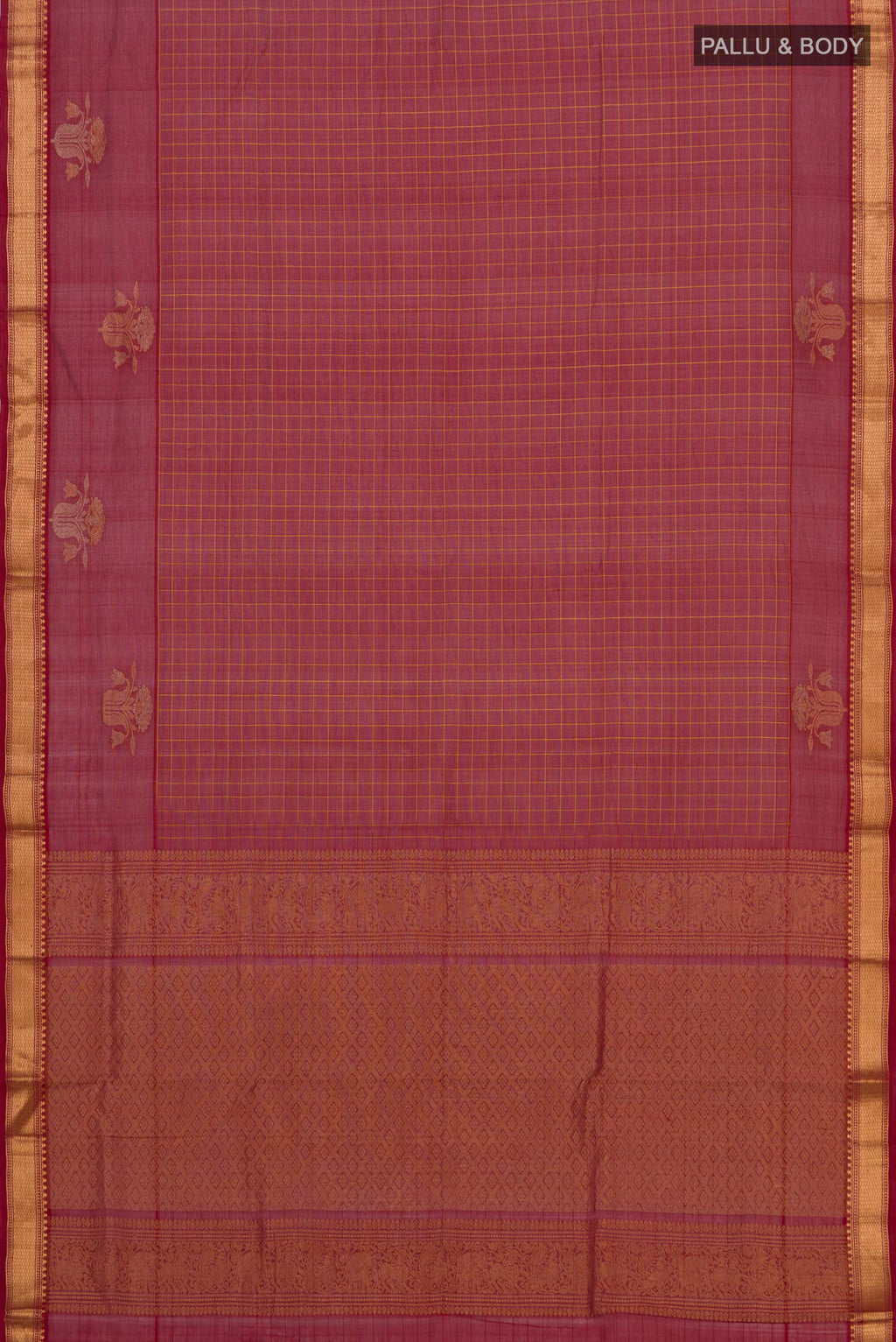Flat view of Maroon Silk Cotton Saree with Checked design on the body and Zari Border. 