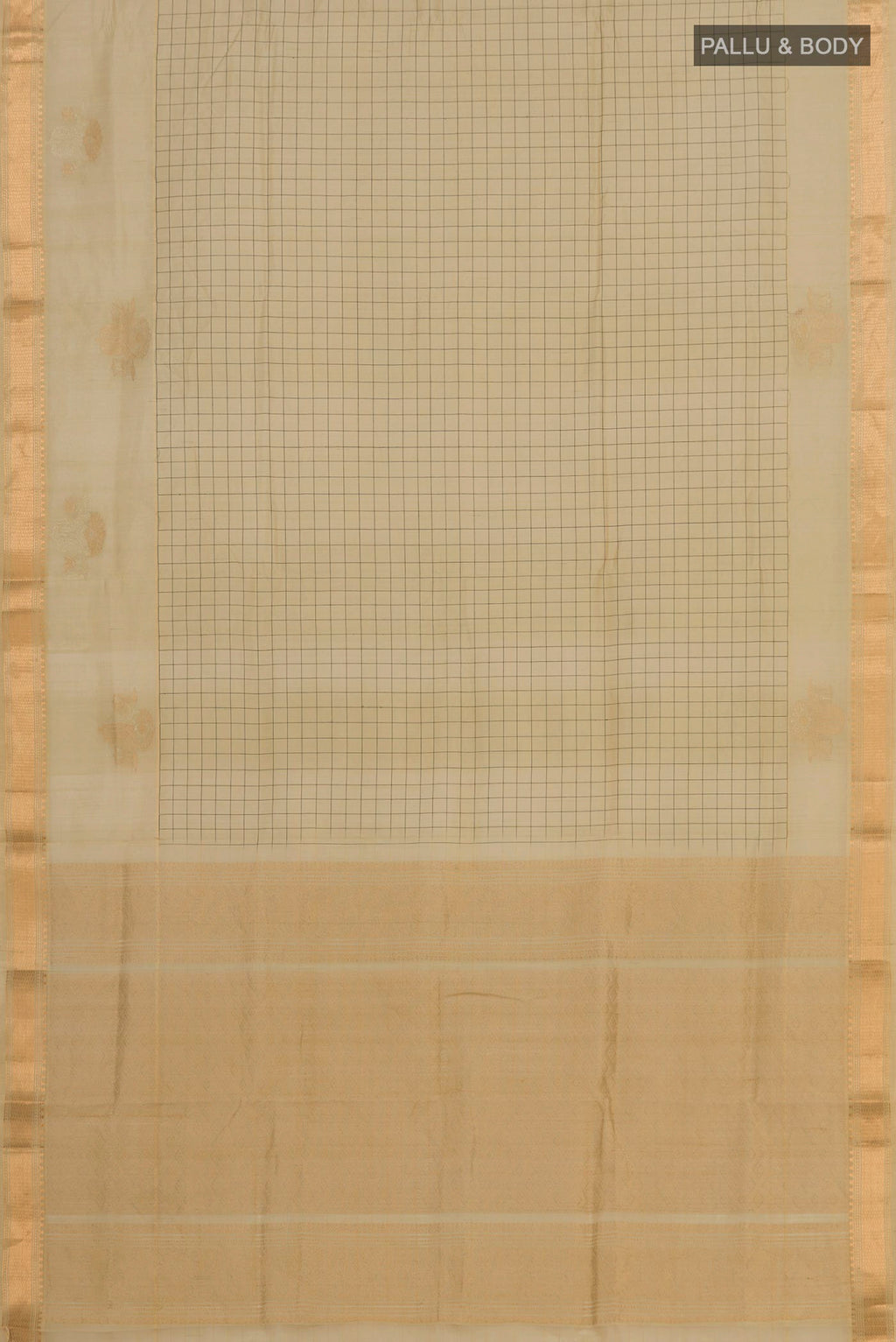 Flat view of Beige Silk Cotton Saree with Checked design on the body and Zari Border. 
