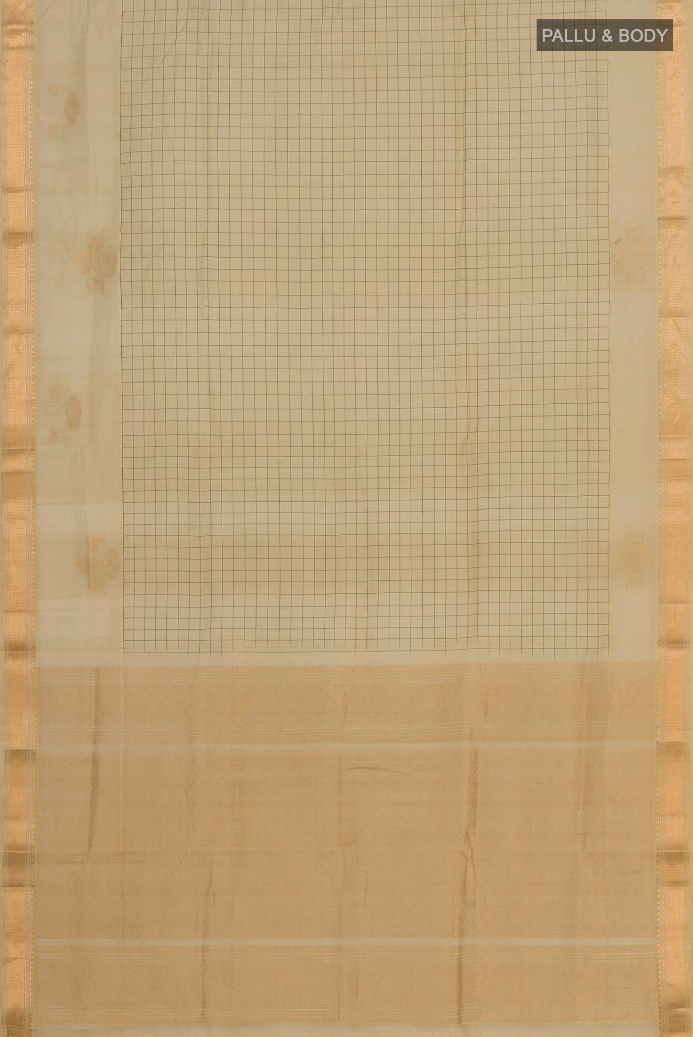 Flat view of Beige Silk Cotton Saree with Checked design on the body and Zari Border. 