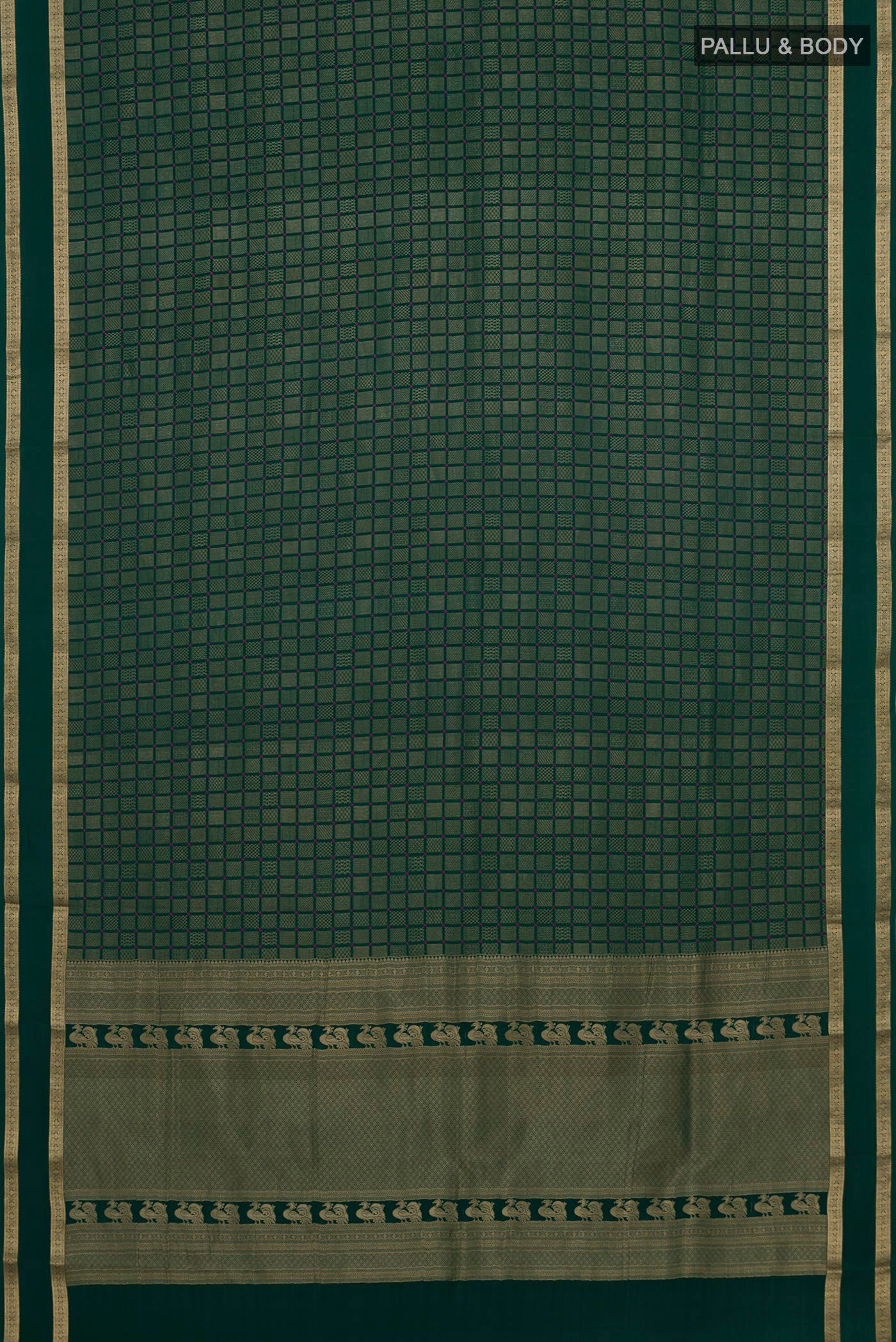 Flat view of Green Crepe Saree with Zari Brocade on the body and Zari Border. 
