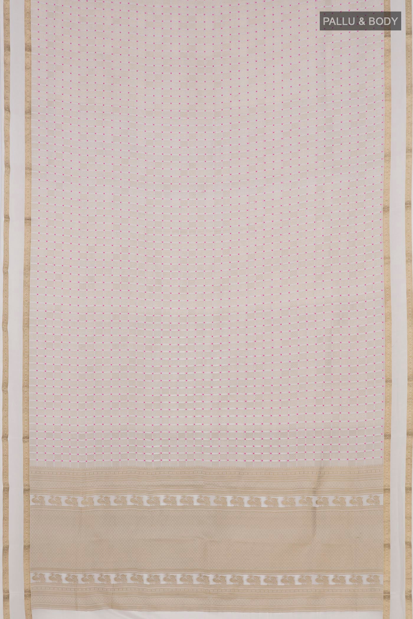 Flat view of White Crepe Saree with Zari Brocade on the body and Zari Border. 
