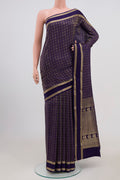 Navy Blue Mysore Crepe Saree with Checked design on the body and Zari Border.  displayed on a mannequin