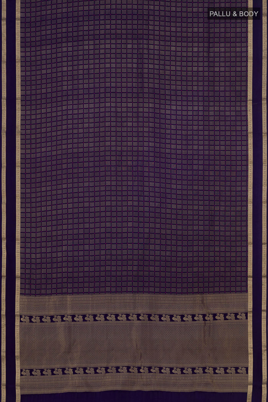 Flat view of Navy Blue Mysore Crepe Saree with Checked design on the body and Zari Border. 