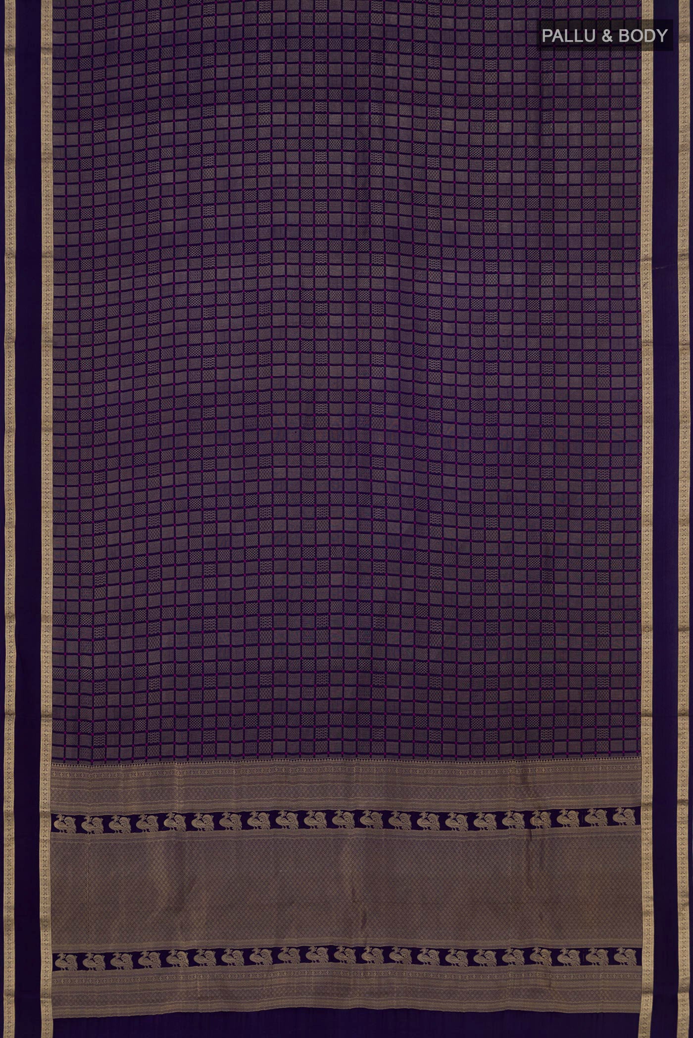 Flat view of Navy Blue Mysore Crepe Saree with Checked design on the body and Zari Border. 