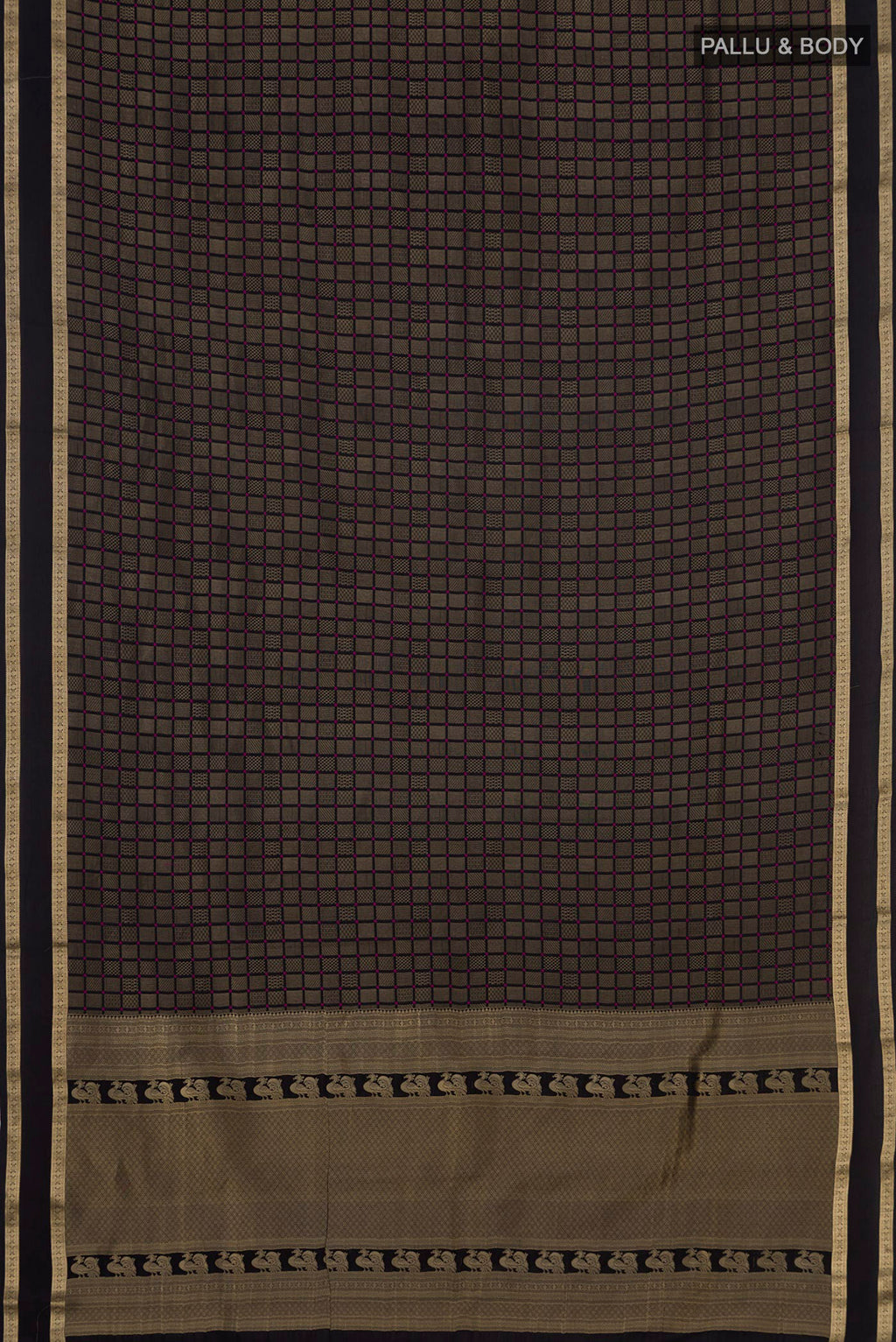 Flat view of Black Crepe Saree with Zari Brocade on the body and Zari Border. 