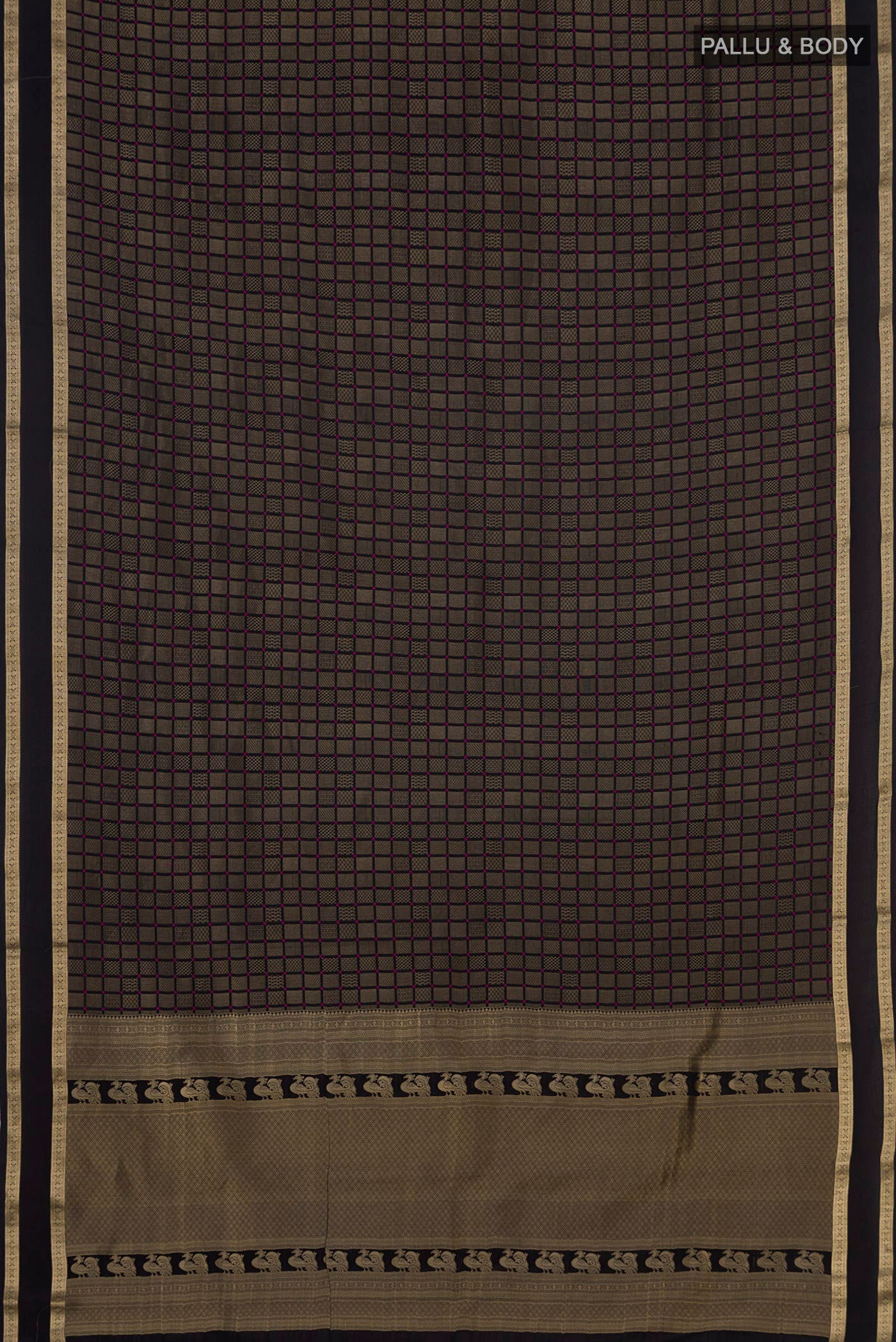 Flat view of Black Crepe Saree with Zari Brocade on the body and Zari Border. 