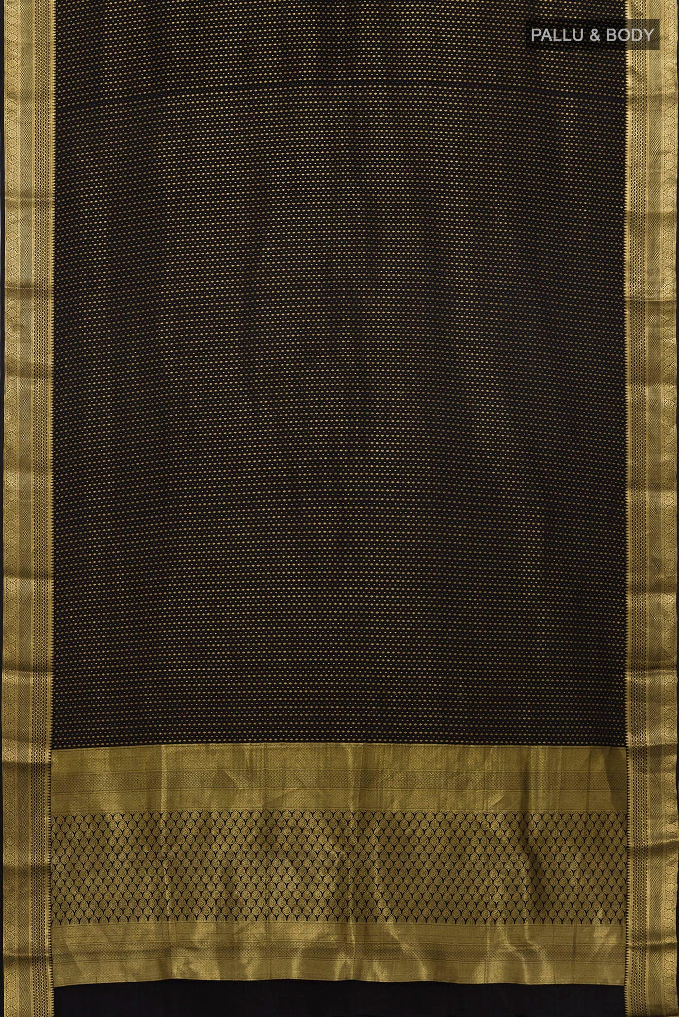 Flat view of Black Crepe Saree with Zari Butta on the body and Zari Border. 