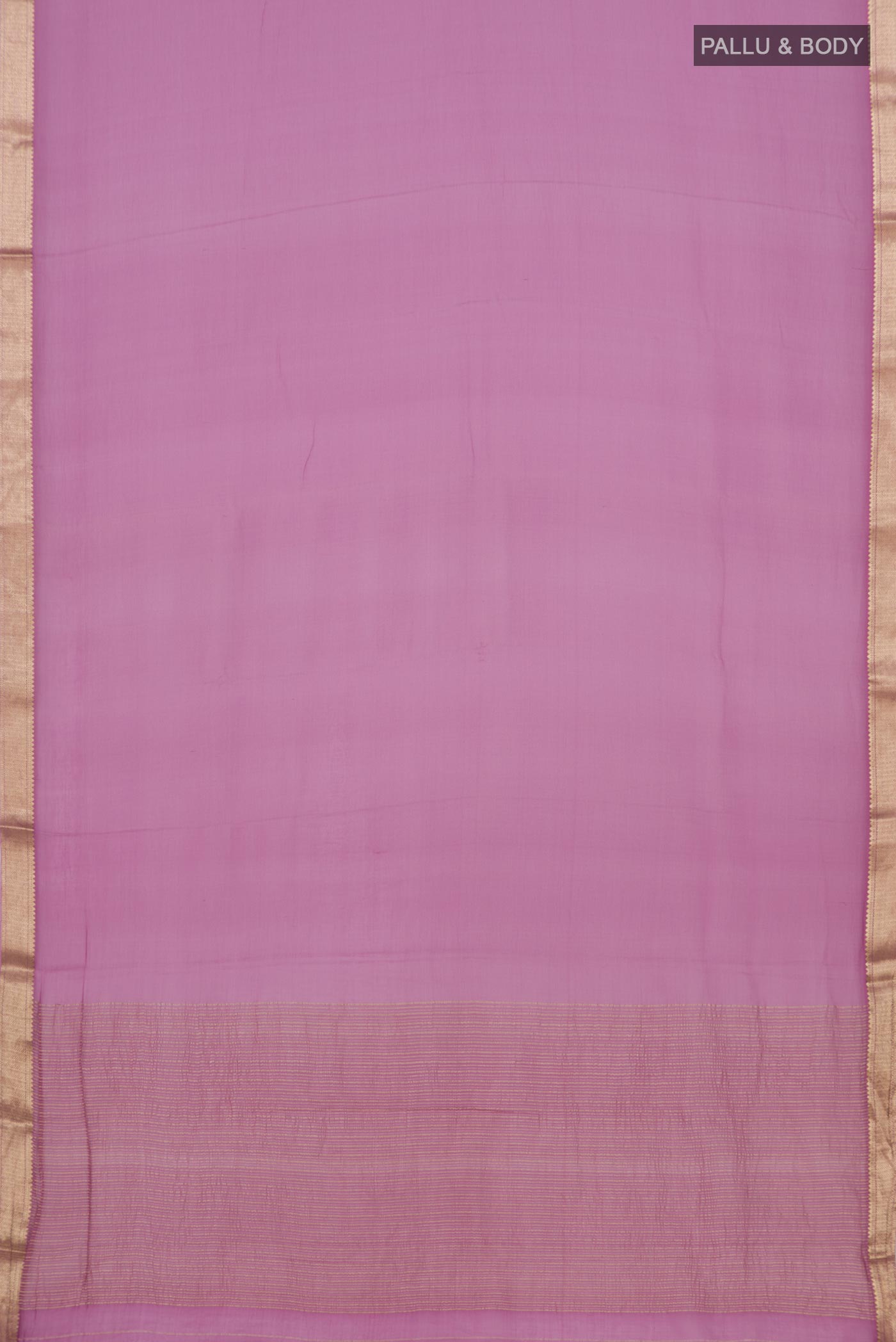 Flat view of Lavender Chiffon Saree with Plain Body and Zari Border. 