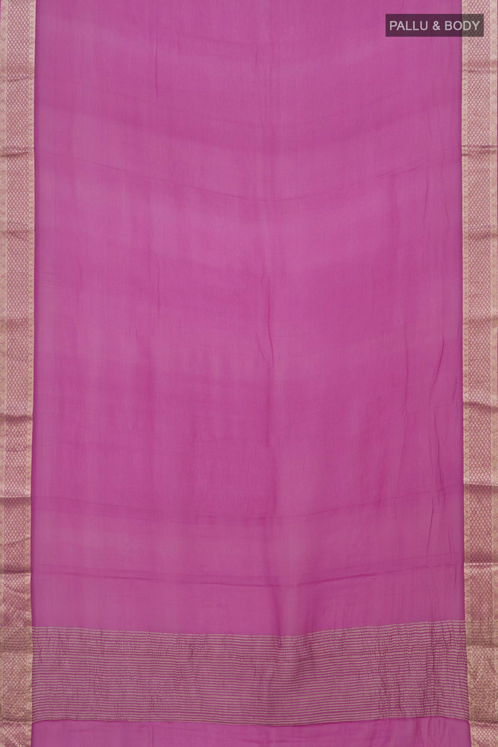 Flat view of Light Magenta Mysore Chiffon Saree with Plain Body and Zari Border. 