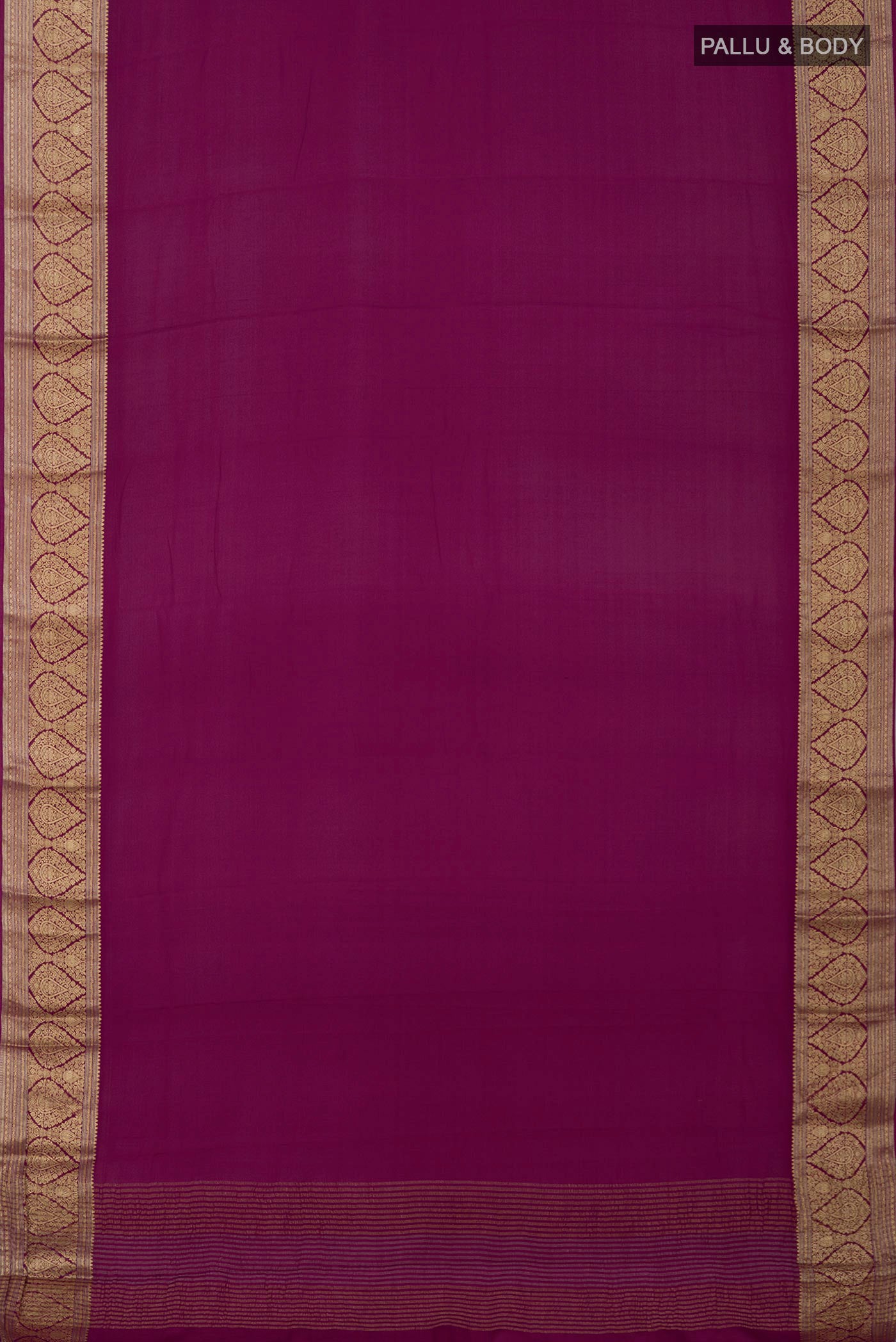 Flat view of Purple Chiffon Saree with Plain Body and Zari Border. 