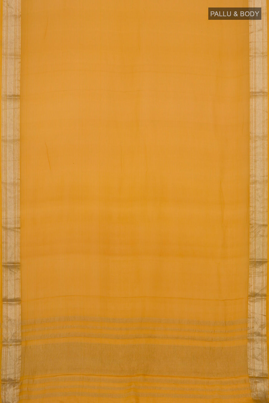Flat view of Mustard Georgette Saree with Zari Butta on the body and Zari Border. 