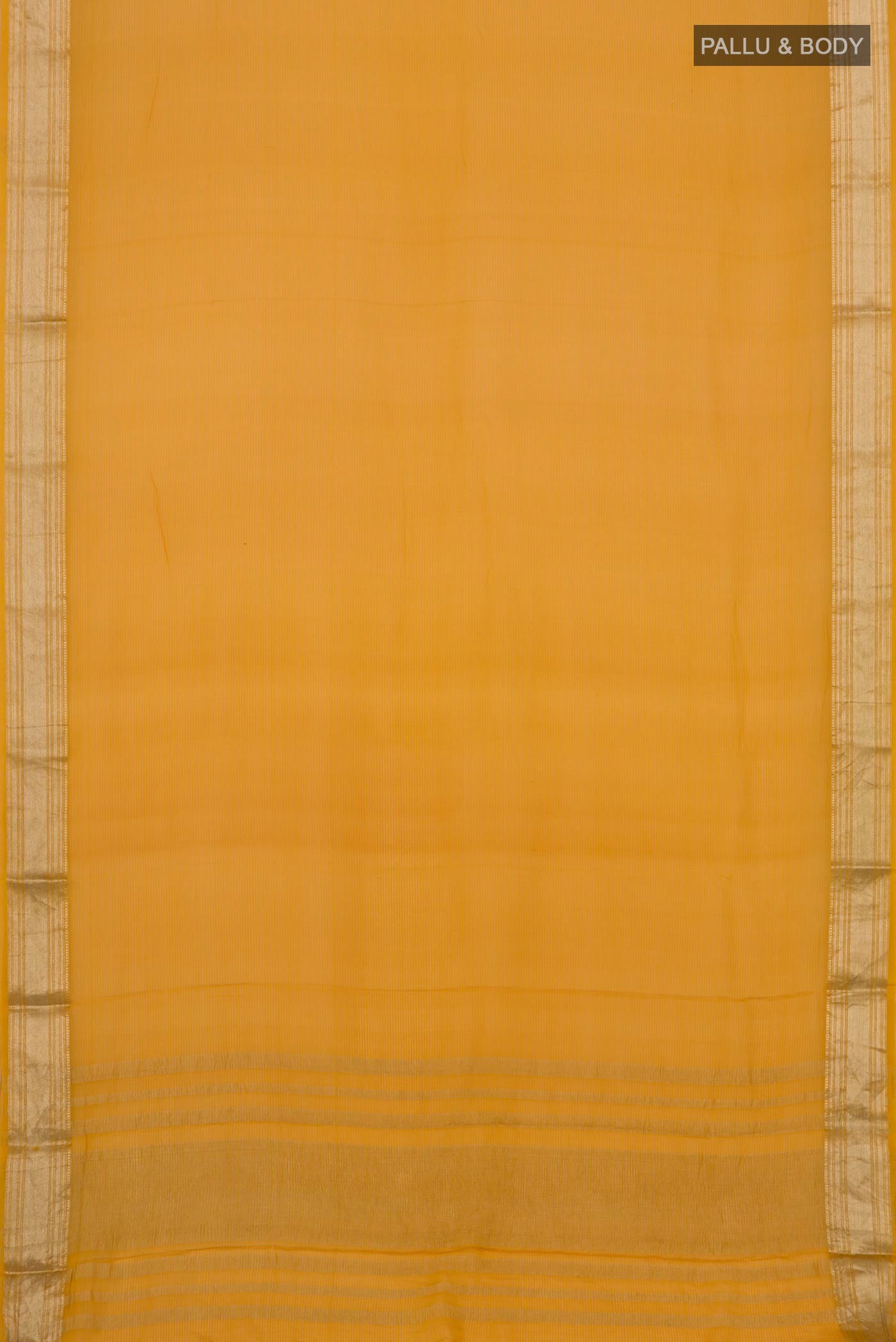 Flat view of Mustard Georgette Saree with Zari Butta on the body and Zari Border. 