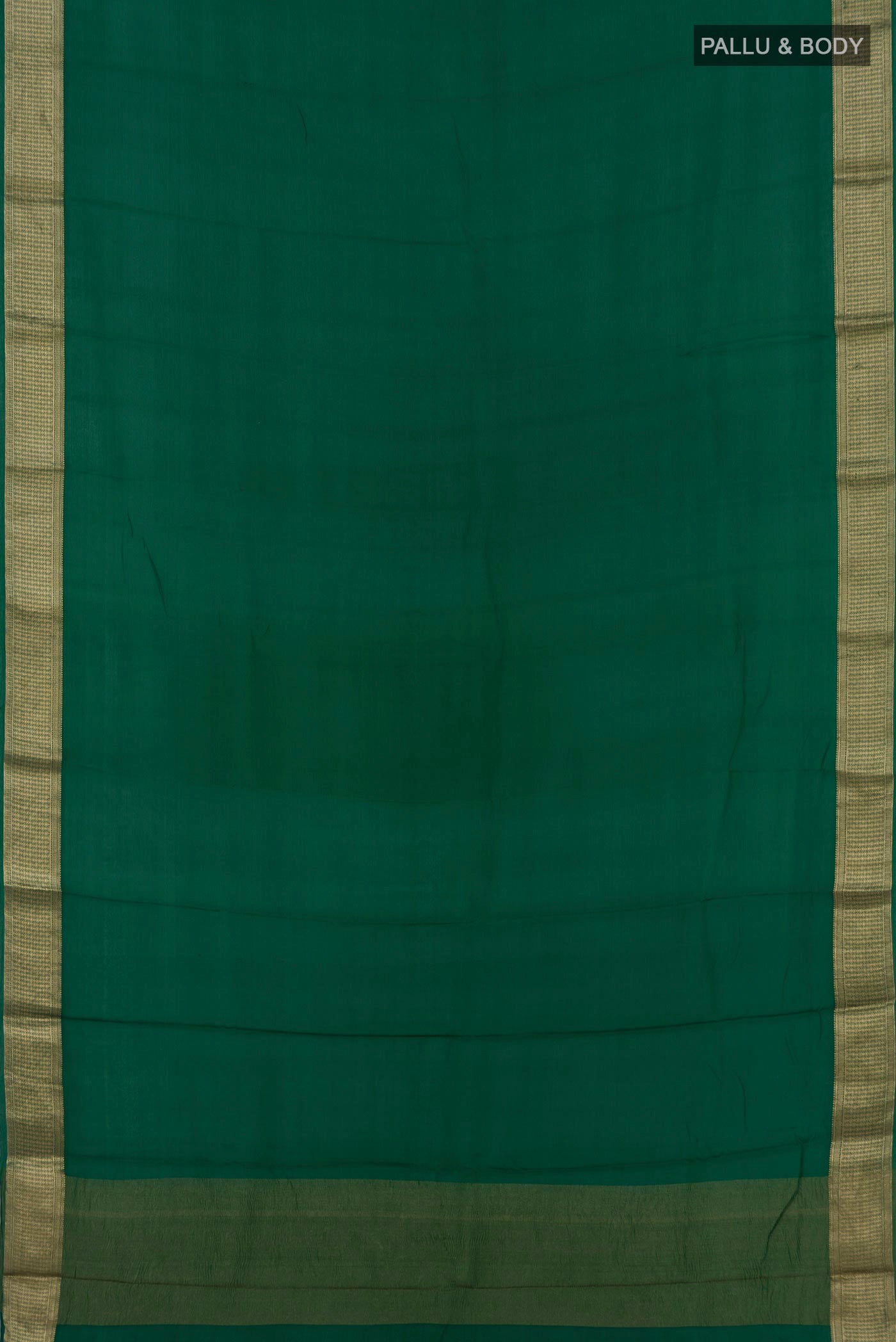 Flat view of Green Mysore Chiffon Saree with Plain Body and Zari Border. 