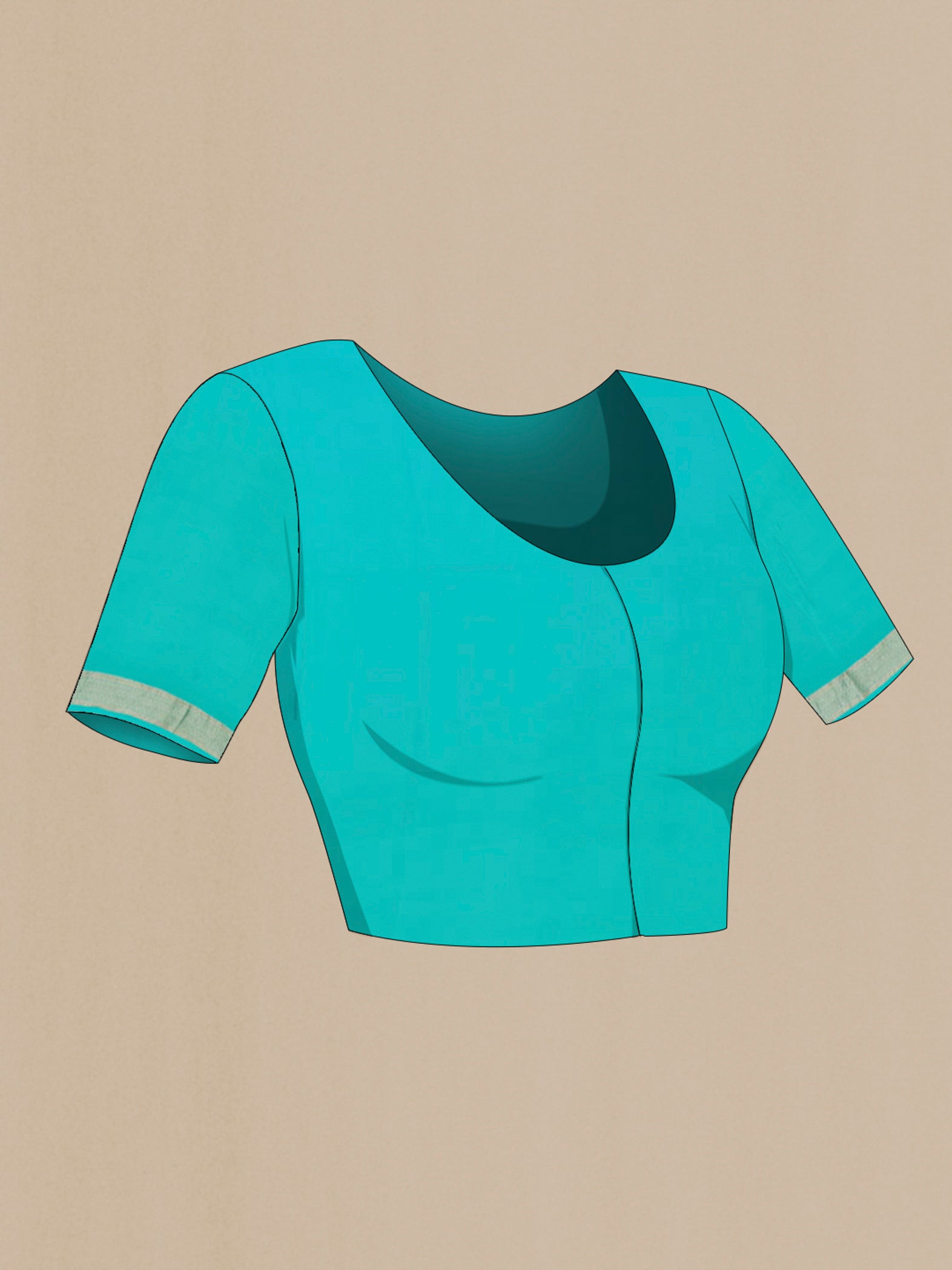 Close up image of the blouse of Sky Blue Chiffon Saree with Plain Body and Zari Border. 