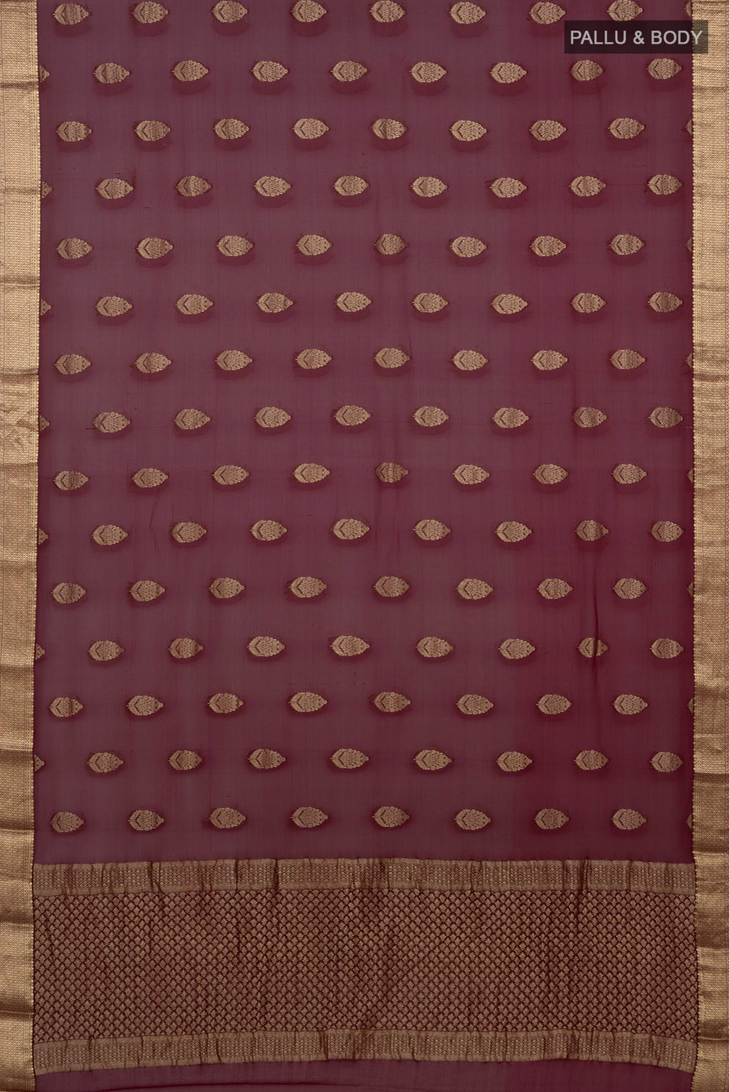Flat view of Purple Georgette Saree with Zari Butta on the body and Zari Border. 