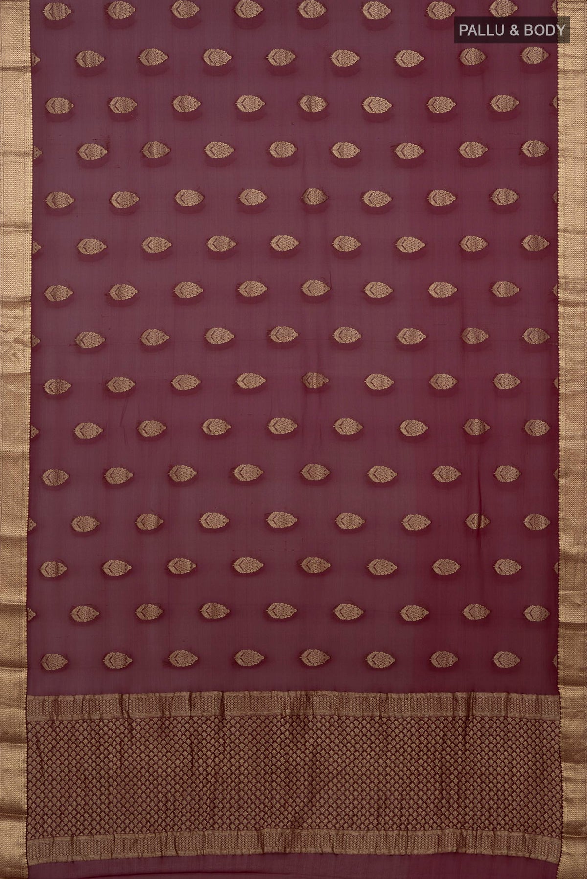 Flat view of Purple Georgette Saree with Zari Butta on the body and Zari Border. 