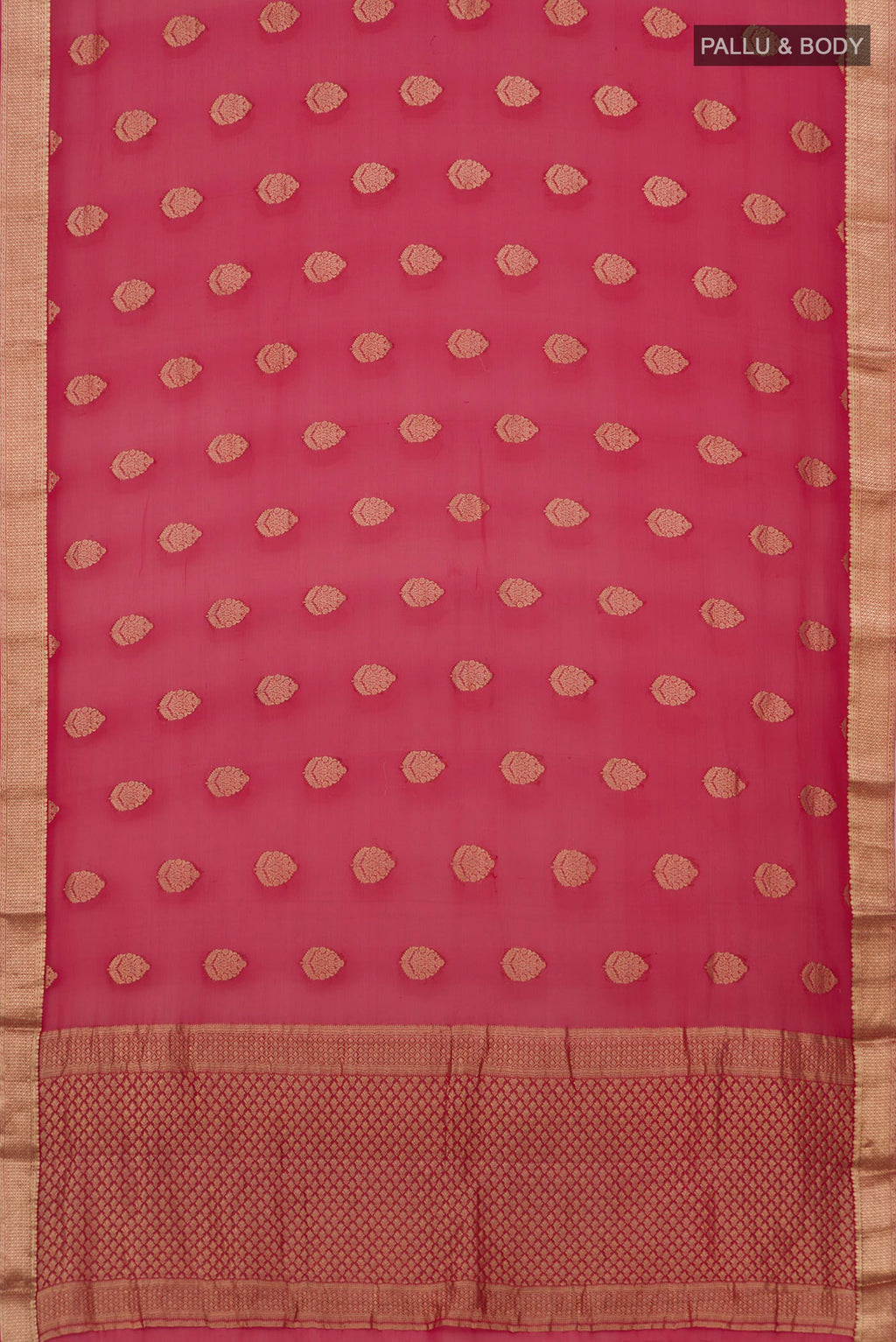 Flat view of Red Mysore Georgette Saree with Zari Butta on the body and Zari Border. 