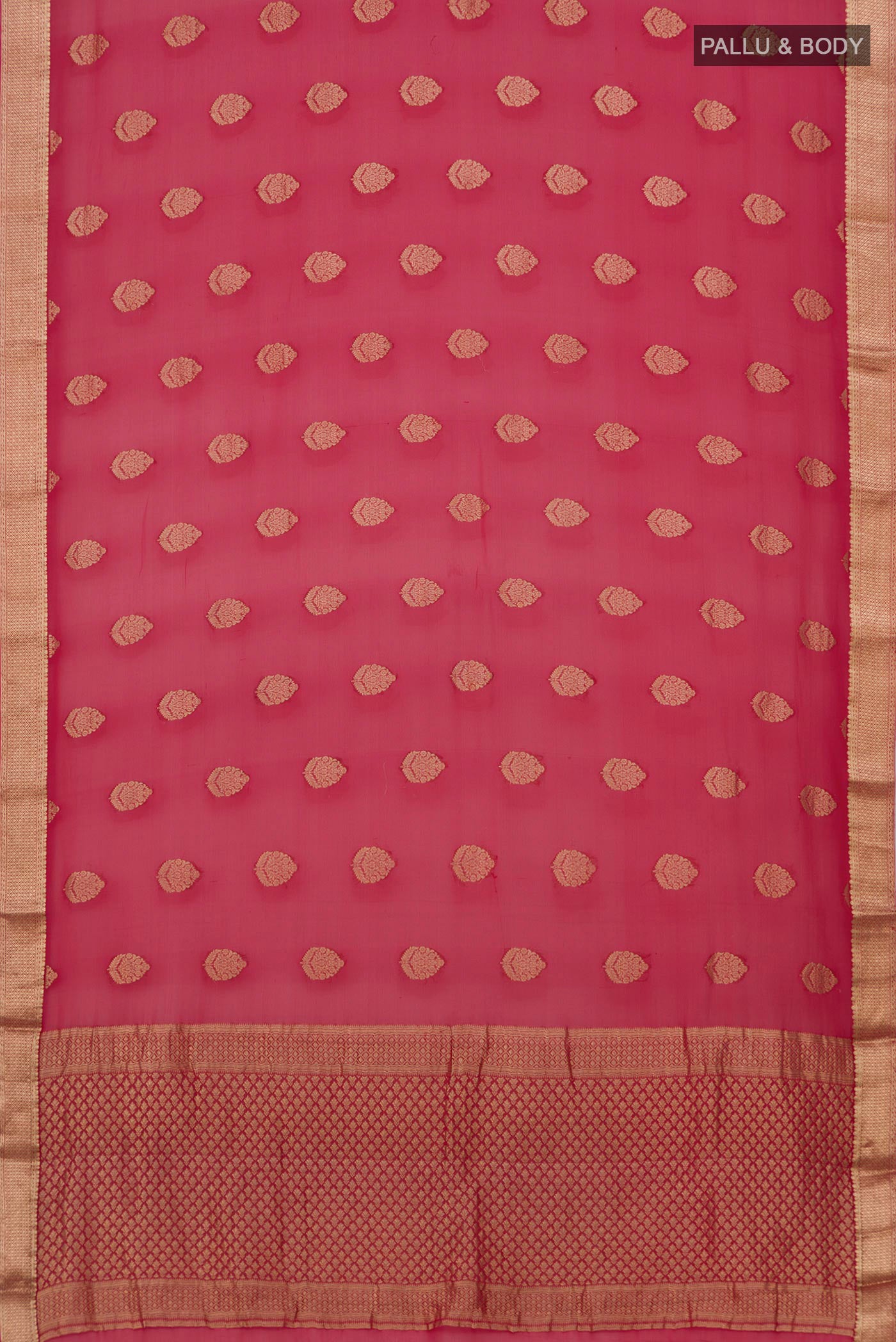 Flat view of Red Mysore Georgette Saree with Zari Butta on the body and Zari Border. 
