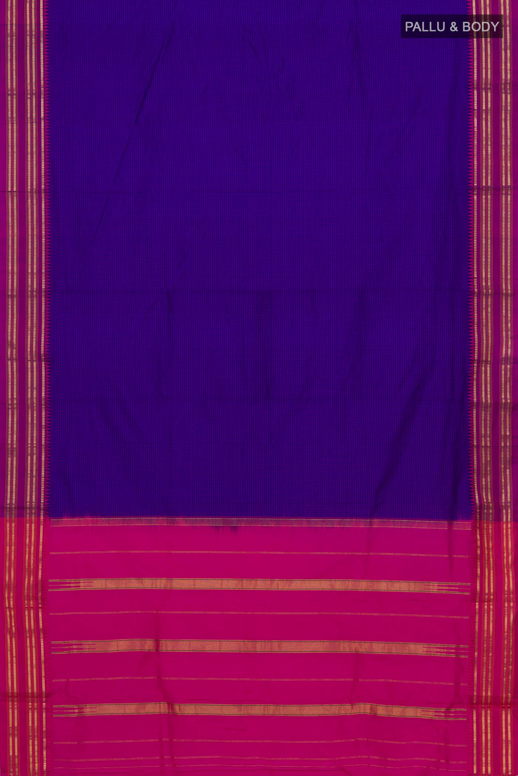 Flat view of Blue Narayanpet Silk Saree with Checked design on the body and Zari Border. 