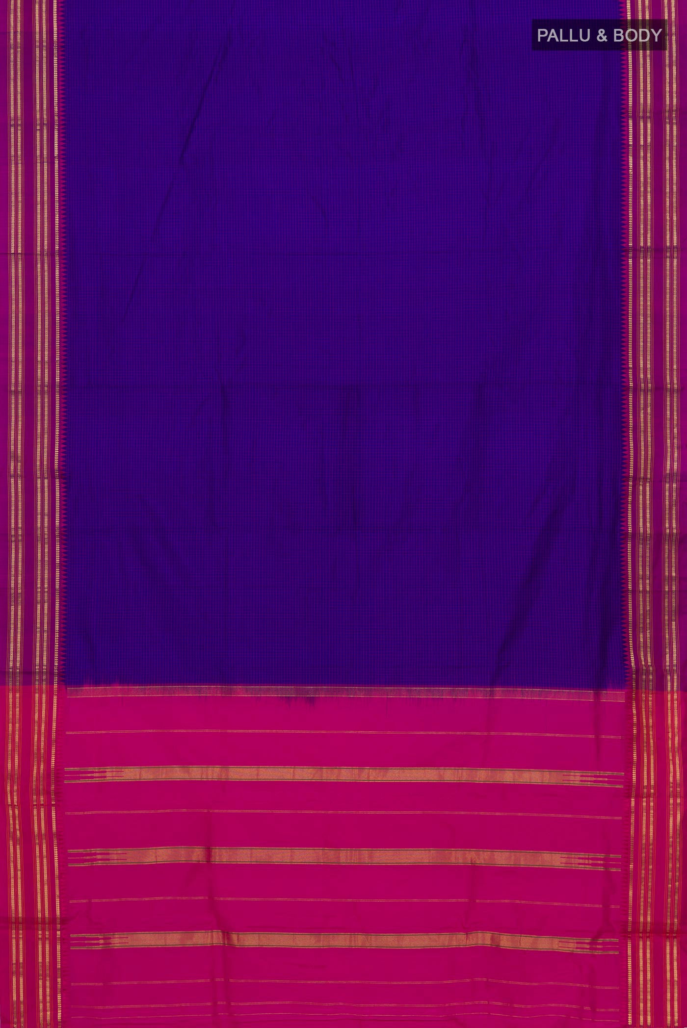 Flat view of Blue Narayanpet Silk Saree with Checked design on the body and Zari Border. 