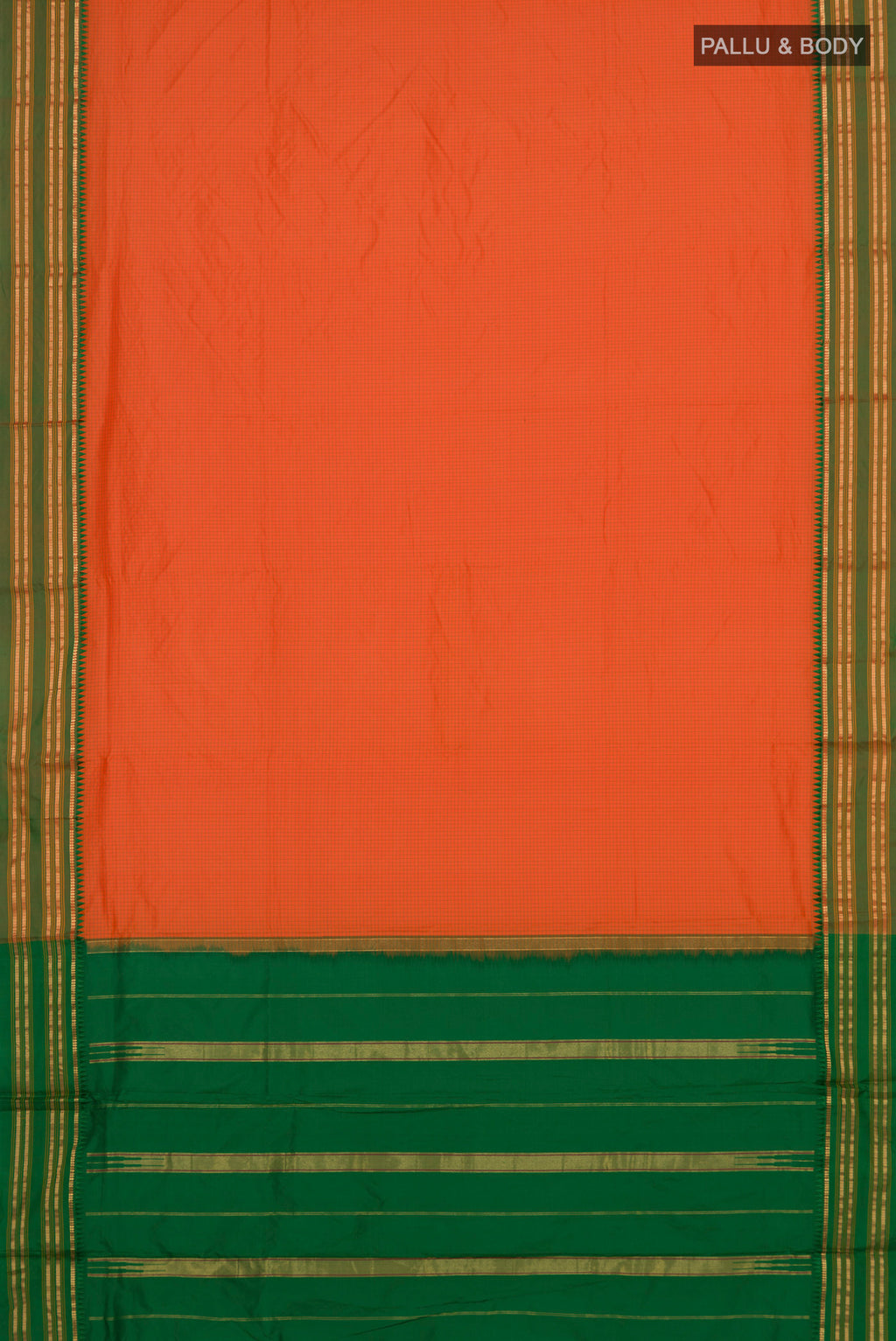 Flat view of Orange Narayanpet Silk Saree with Checked design on the body and Zari Border. 