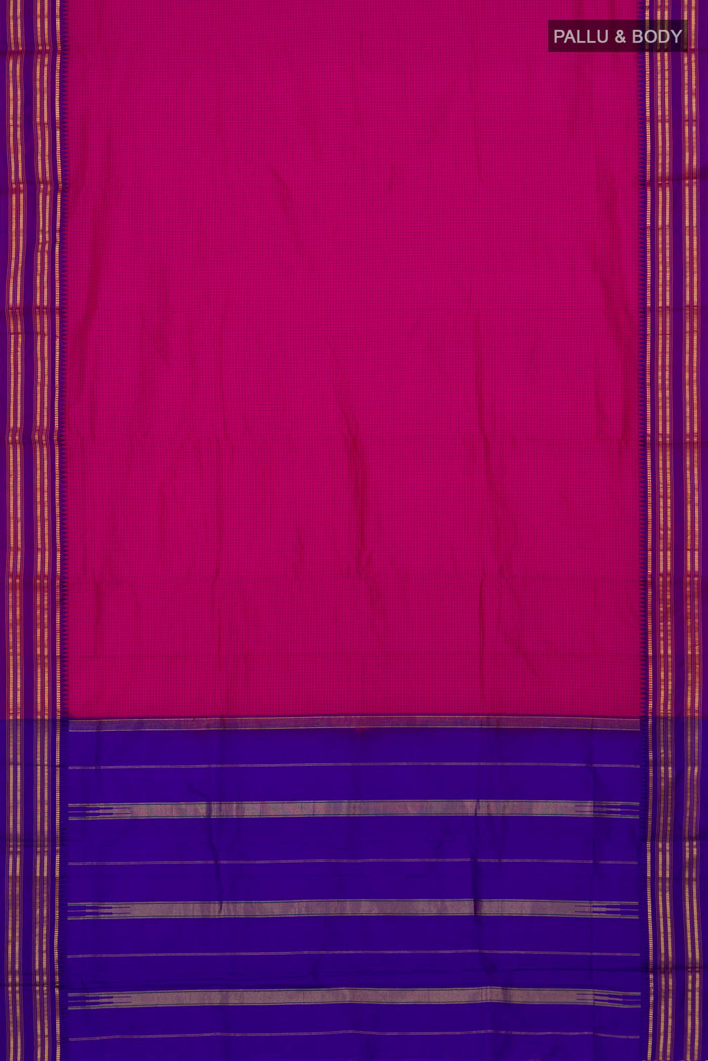 Flat view of Pink Narayanpet Silk Saree with Checked design on the body and Zari Border. 