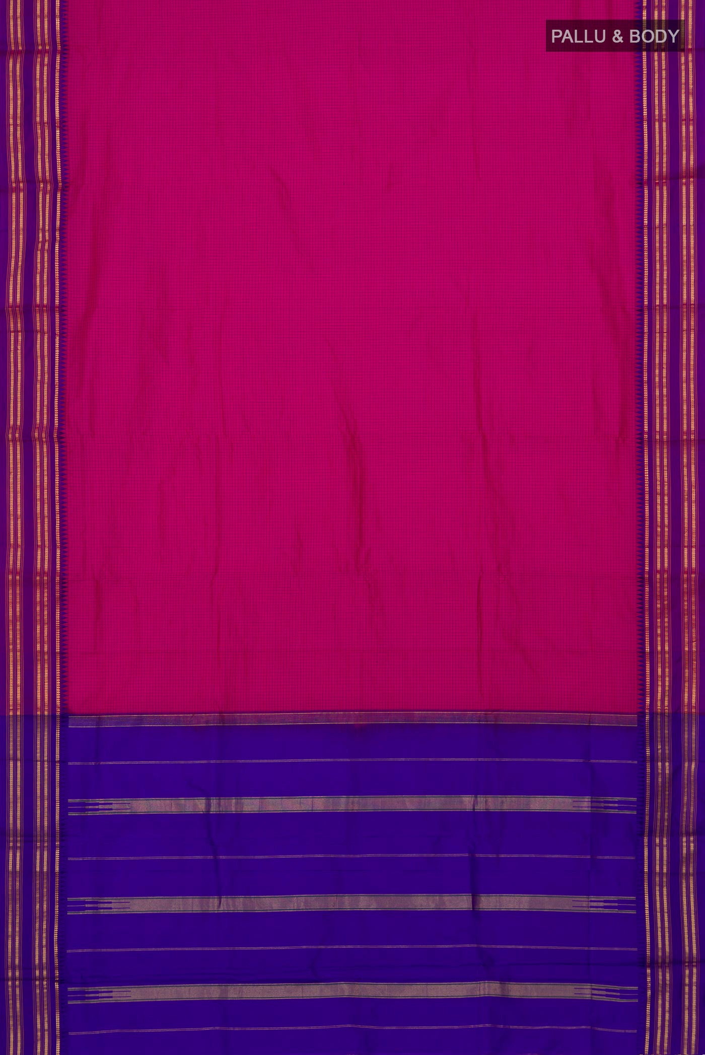 Flat view of Pink Narayanpet Silk Saree with Checked design on the body and Zari Border. 