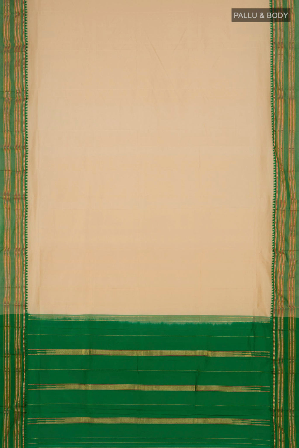 Flat view of Sandal Narayanpet Silk Saree with Plain Body and Thin Zari Line. 