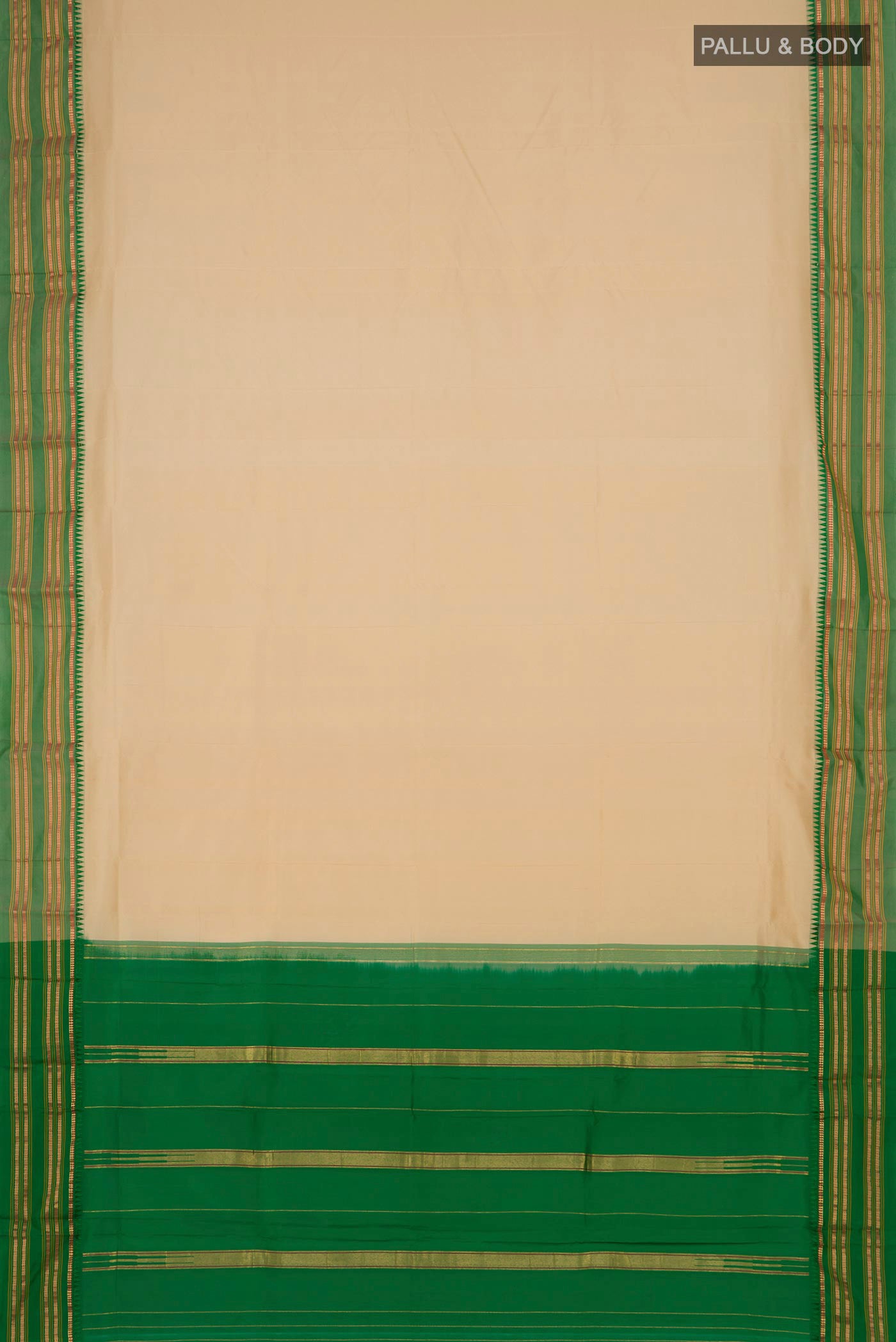 Flat view of Sandal Narayanpet Silk Saree with Plain Body and Thin Zari Line. 