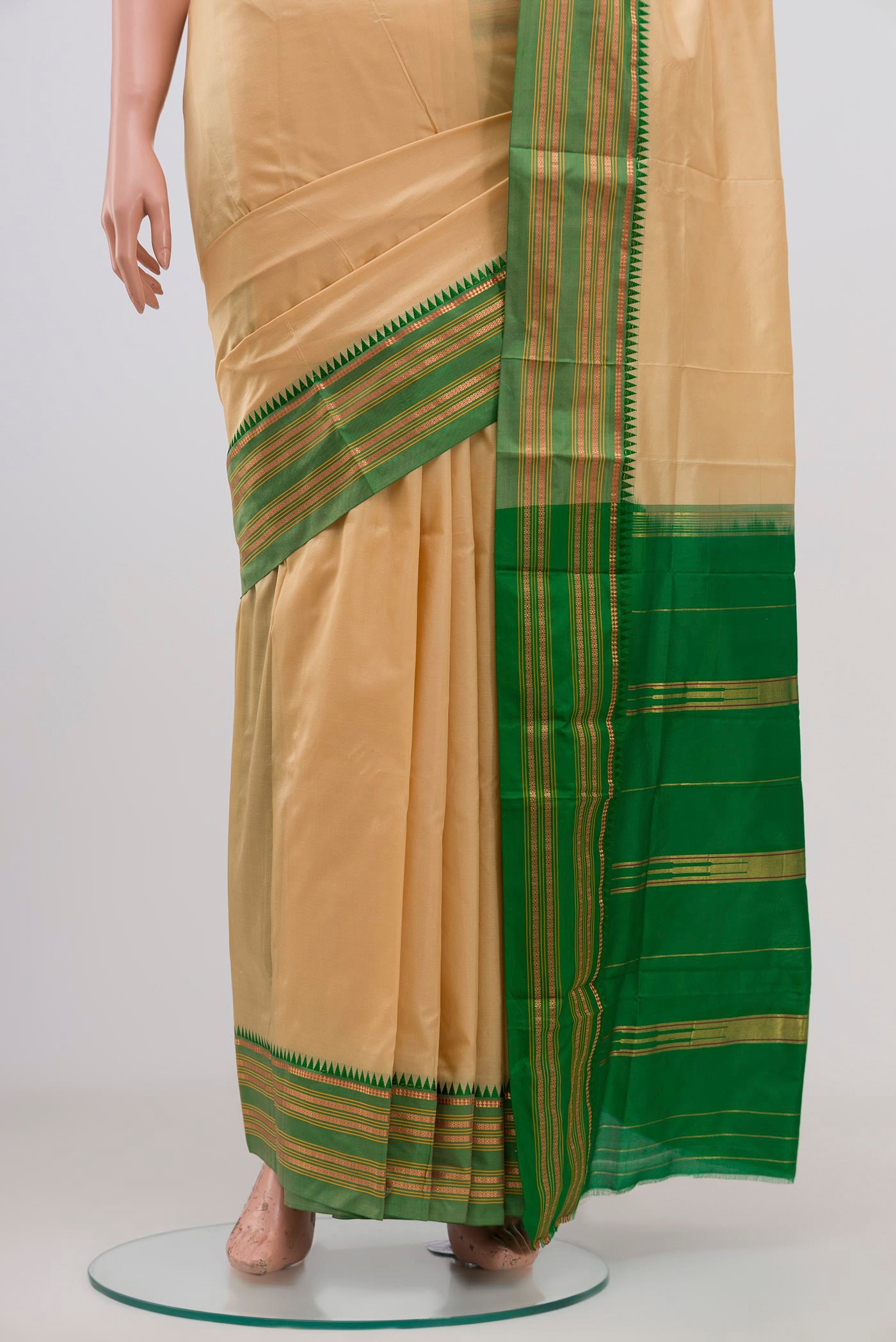 Pleats and pallu of Sandal Narayanpet Silk Saree with Plain Body and Thin Zari Line. 