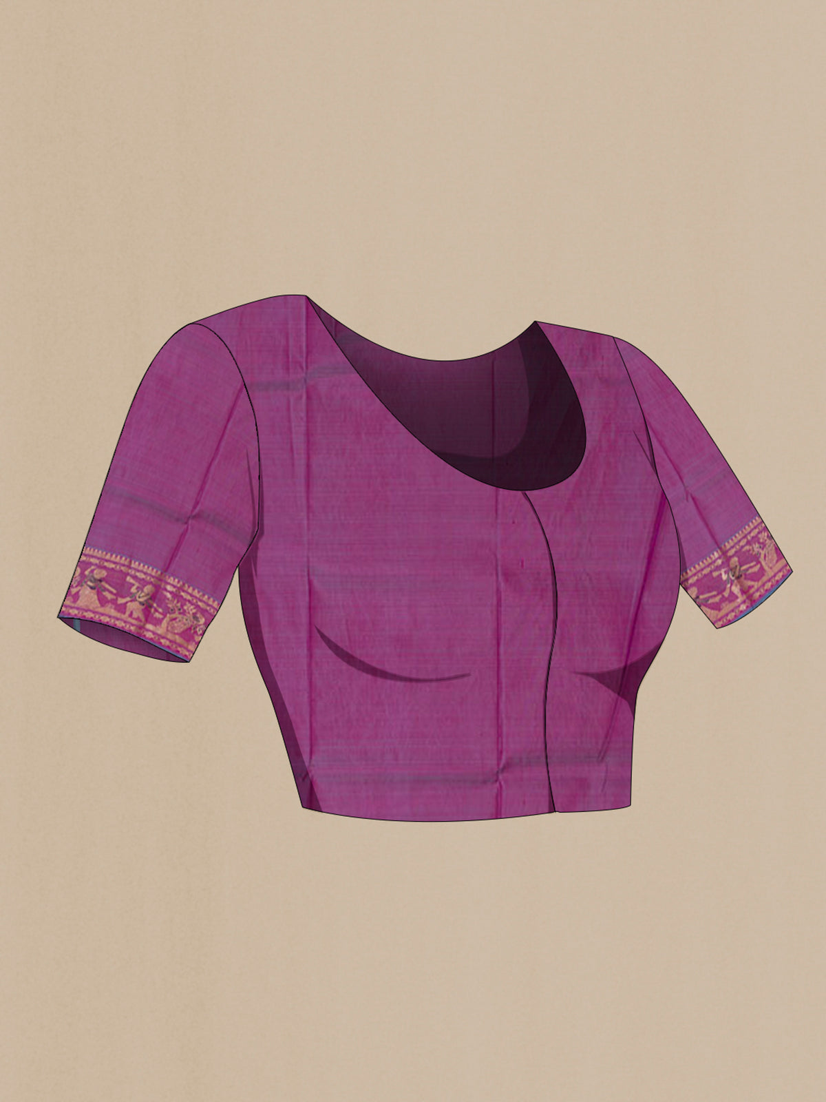 Close up image of the blouse of Pure Silk Purple Baluchari Saree with Zari Butta on the body and Zari Border. 